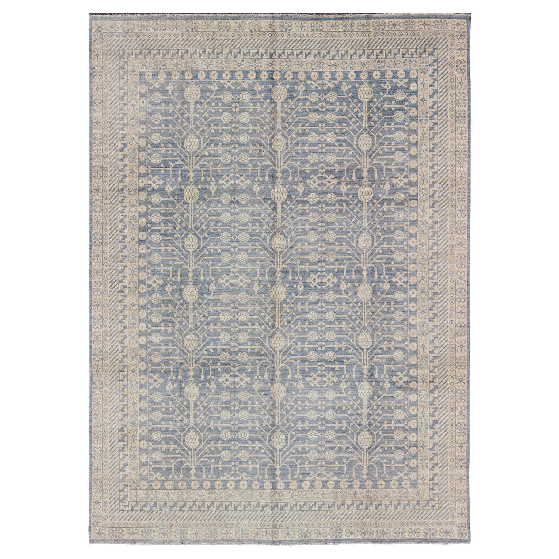 Khotan Design Rug with All-Over Pomegranate Pattern in Blue, Tan & Taupe For Sale