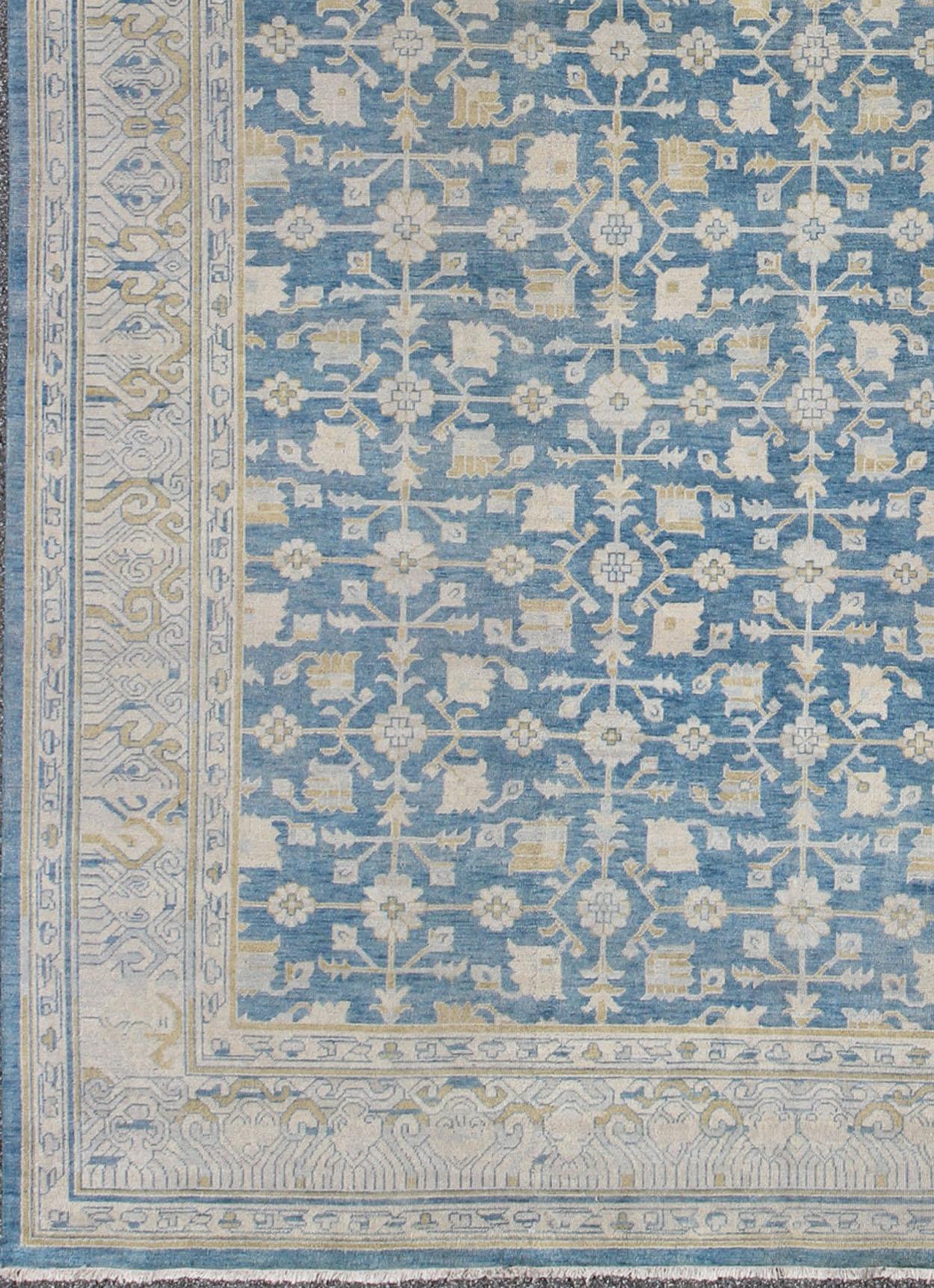 Indian Khotan Design Rug with All-Over Sub-Geometric Pattern in Blue, Tan & Gold For Sale