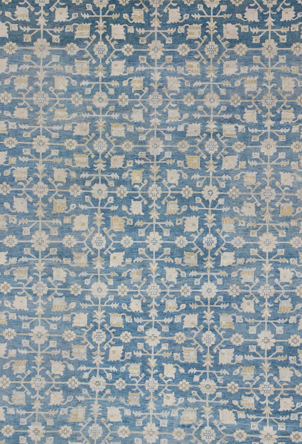 Hand-Knotted Khotan Design Rug with All-Over Sub-Geometric Pattern in Blue, Tan & Gold For Sale