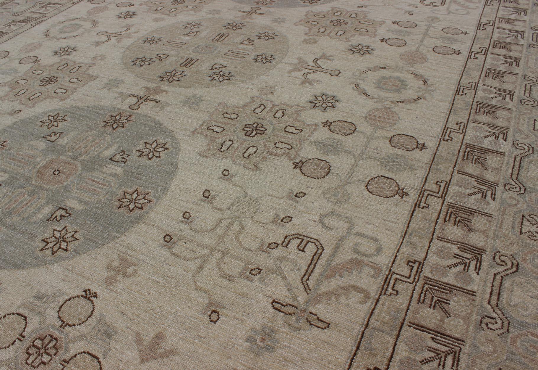 Contemporary Khotan Design Rug with Circular Medallions, in Muted Earth Tones For Sale