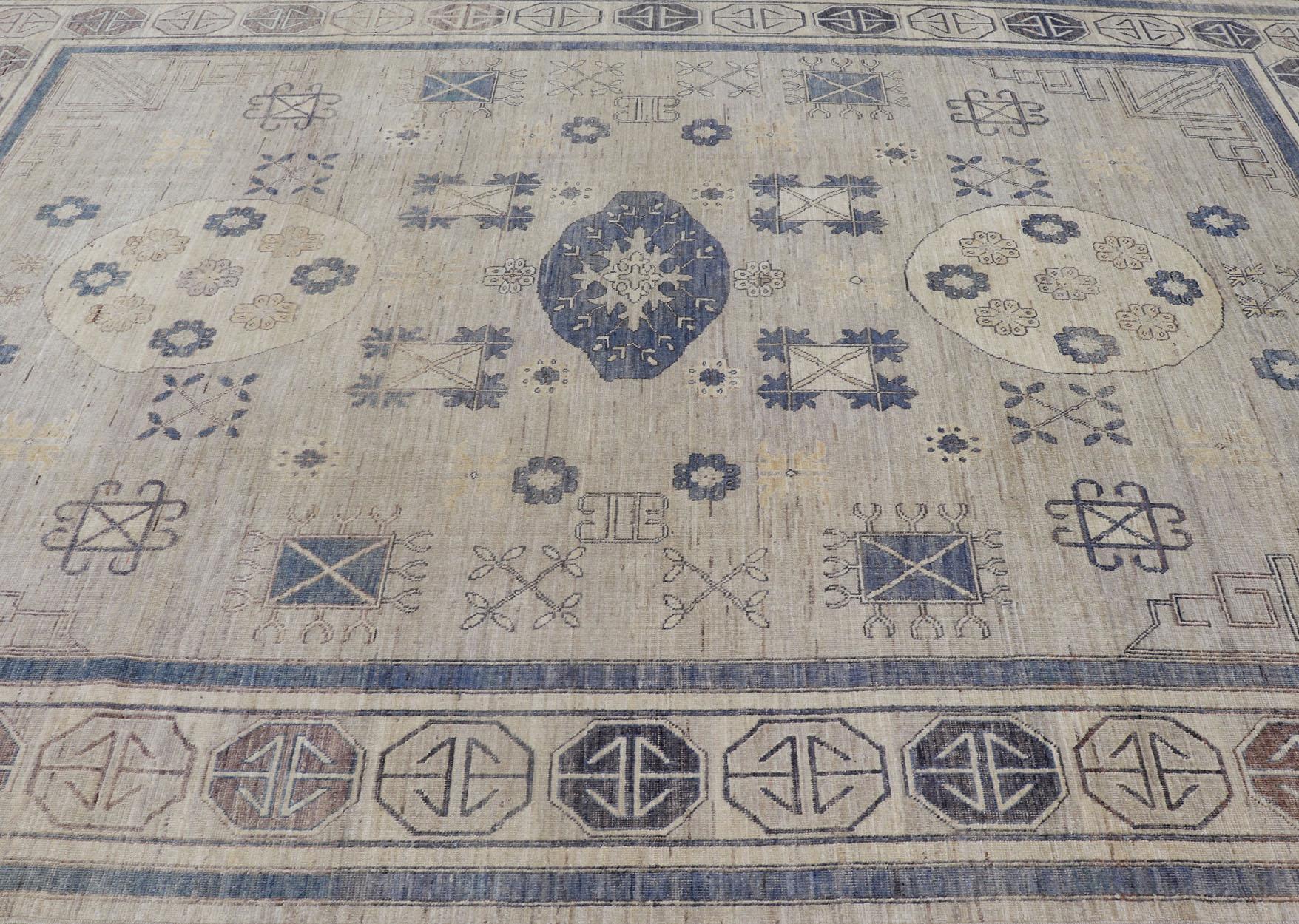 Khotan Design Rug with Geometric Medallions in Royal Blue and Cream For Sale 8
