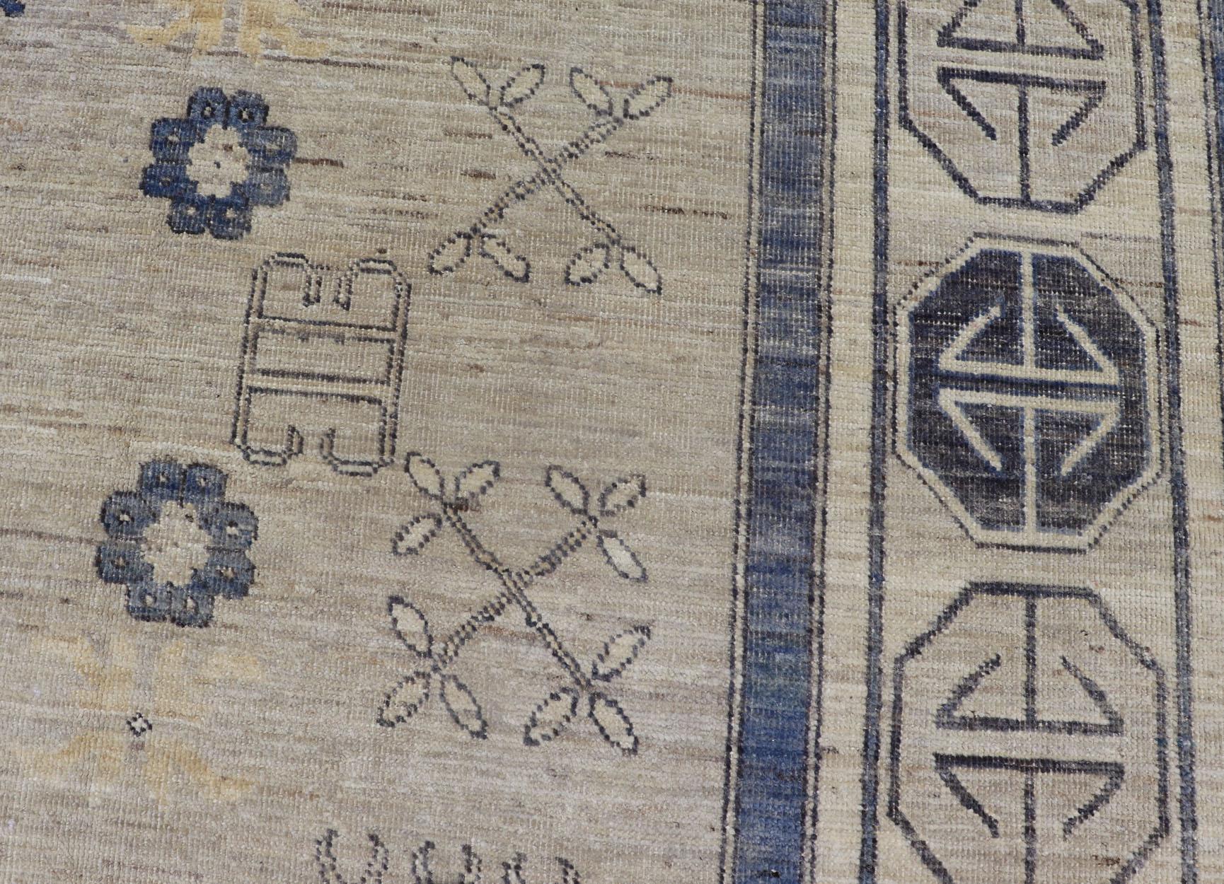 Khotan Design Rug with Geometric Medallions in Royal Blue and Cream In Excellent Condition For Sale In Atlanta, GA