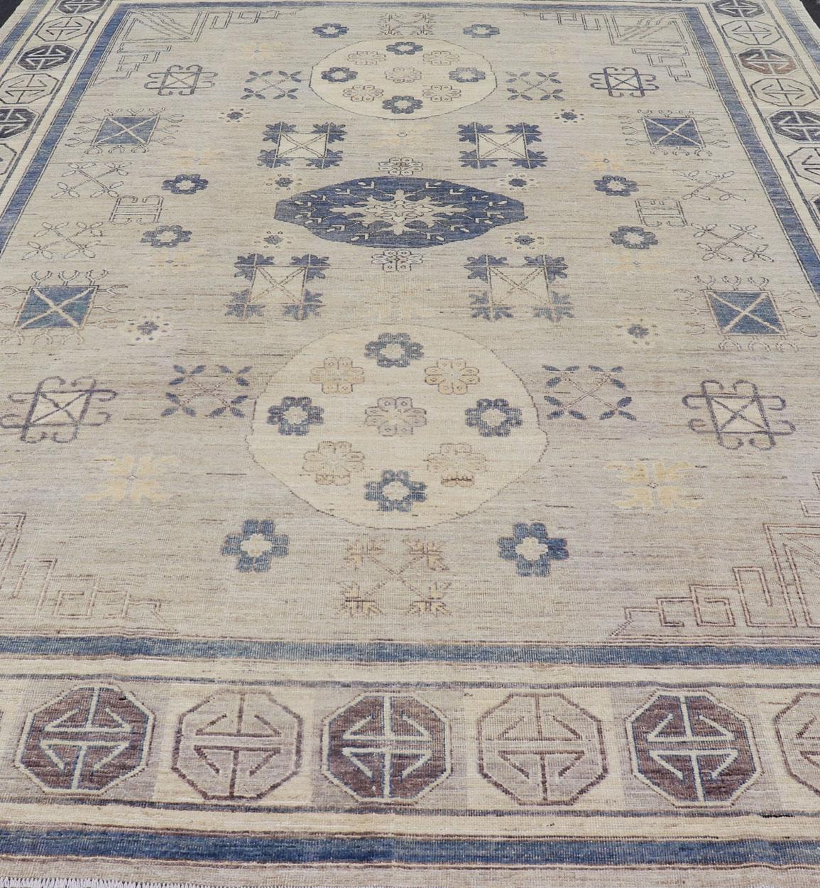 Contemporary Khotan Design Rug with Geometric Medallions in Royal Blue and Cream For Sale