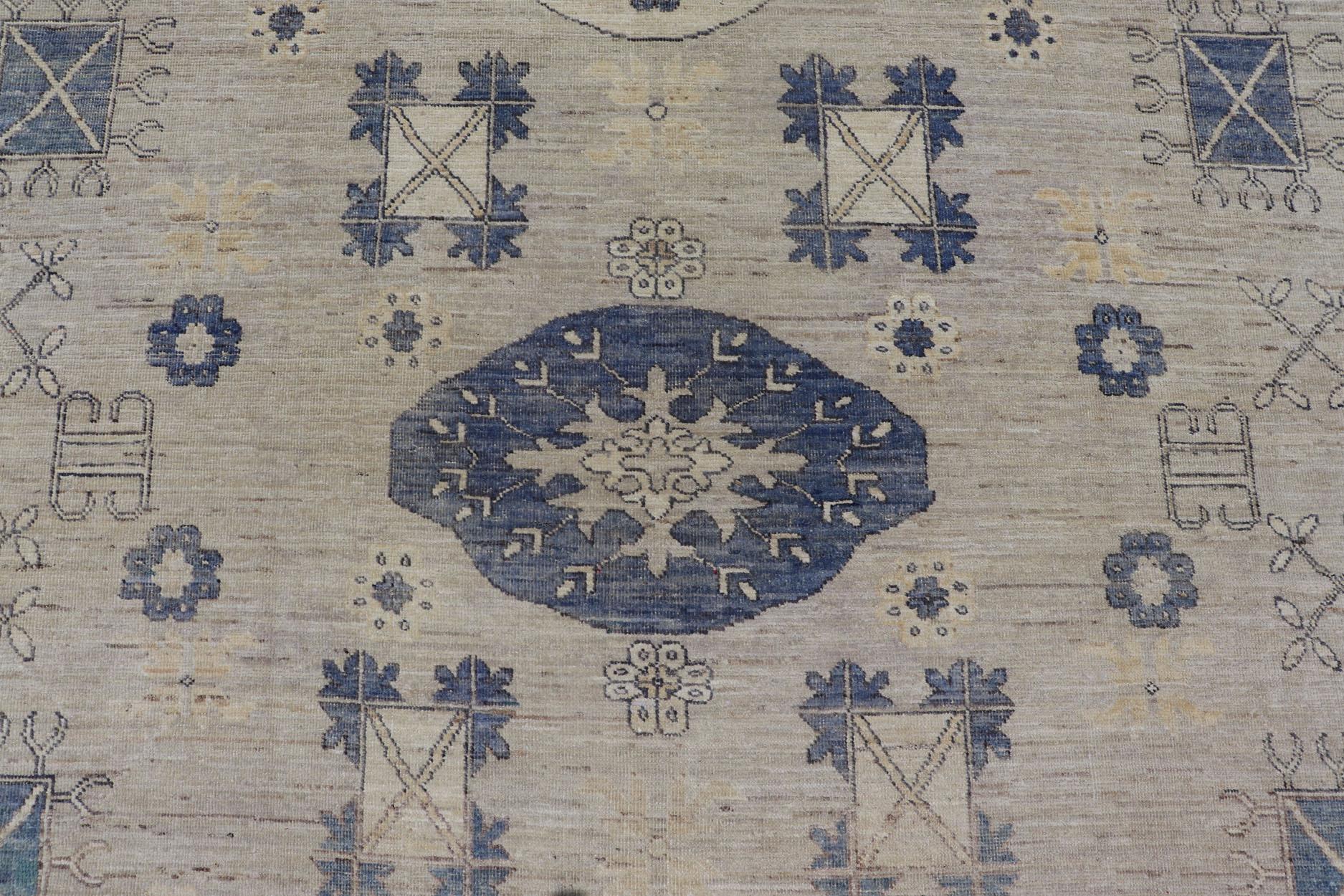 Khotan Design Rug with Geometric Medallions in Royal Blue and Cream For Sale 1