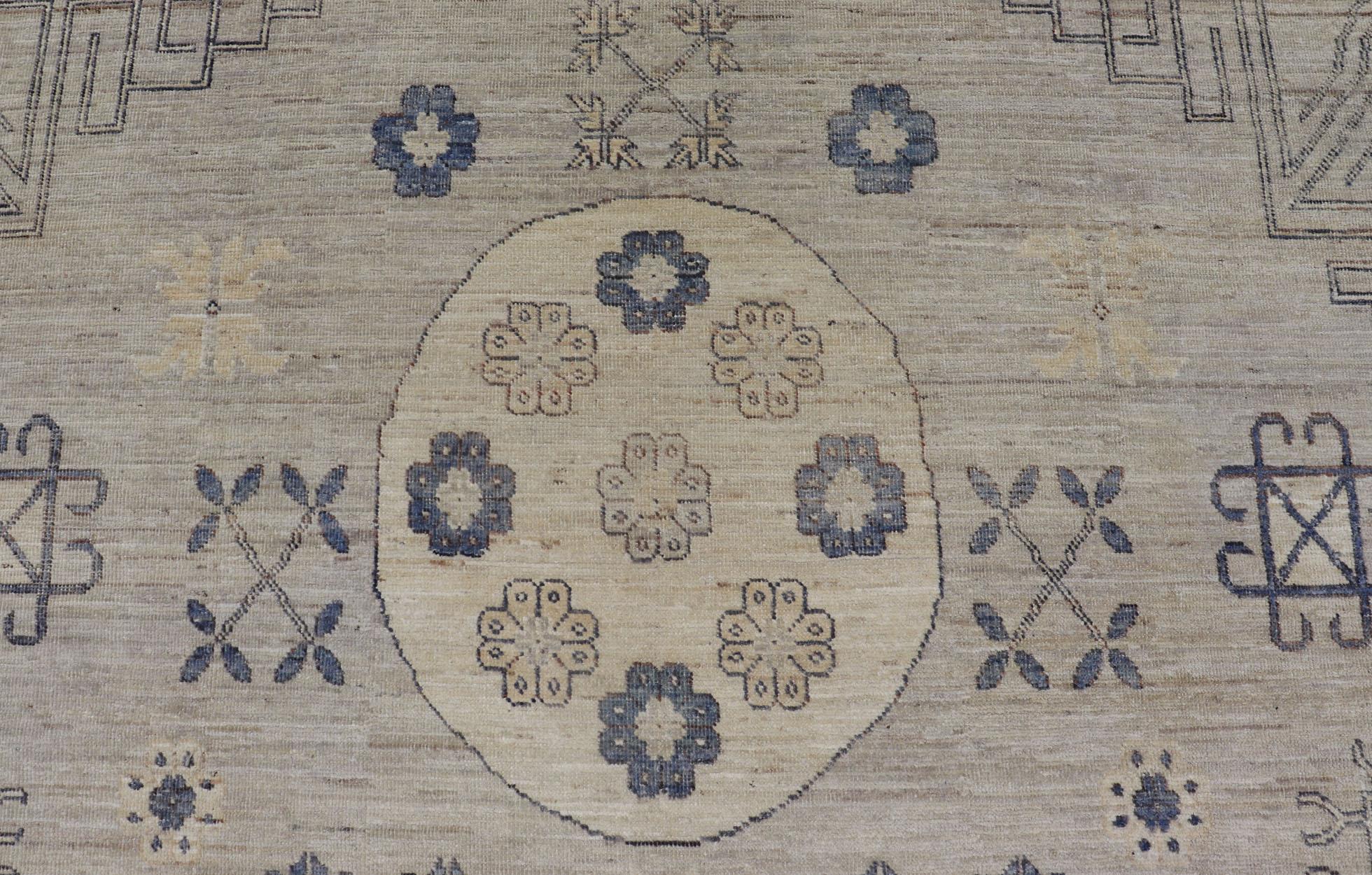 Khotan Design Rug with Geometric Medallions in Royal Blue and Cream For Sale 2