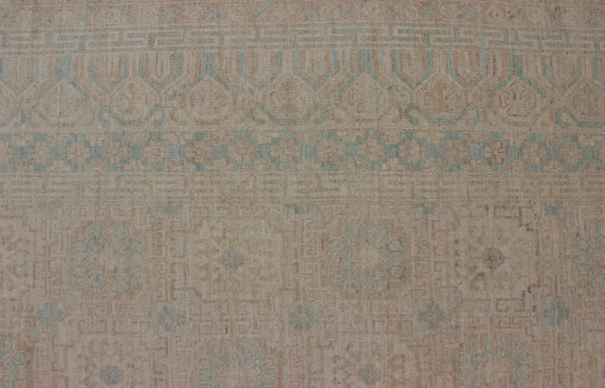 Khotan Design Rug with Geometric Medallions in Tan and Turquoise For Sale 3