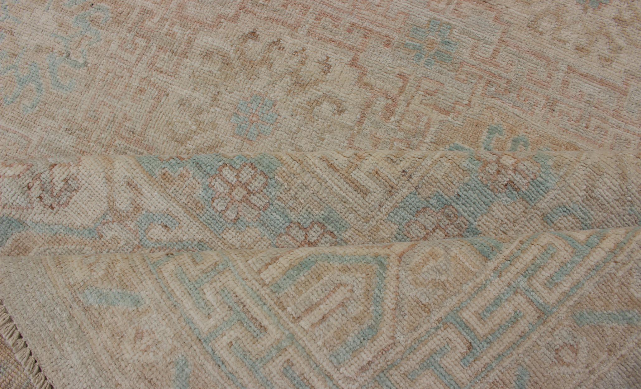 Khotan Design Rug with Geometric Medallions in Tan and Turquoise For Sale 4