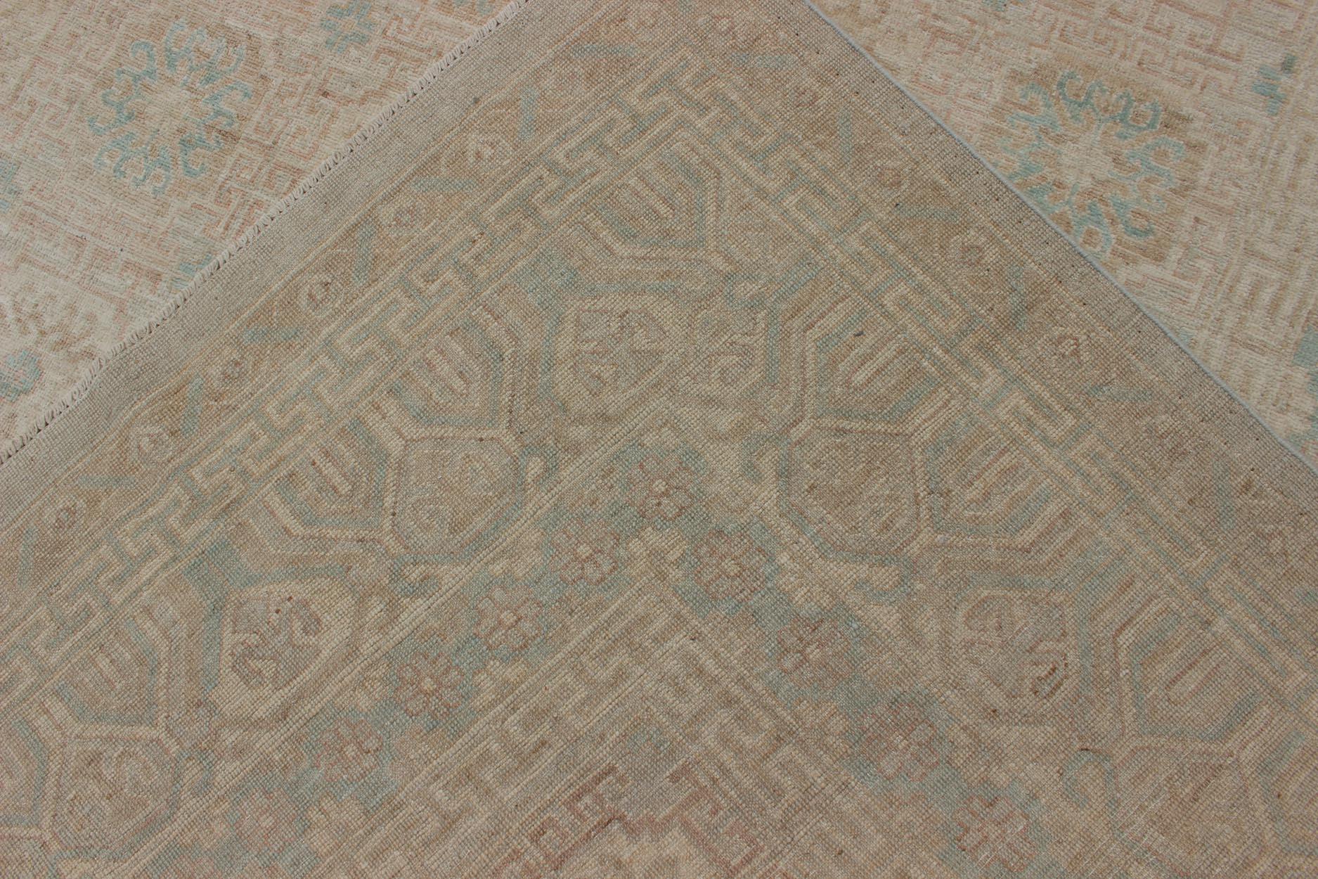 Khotan Design Rug with Geometric Medallions in Tan and Turquoise For Sale 5