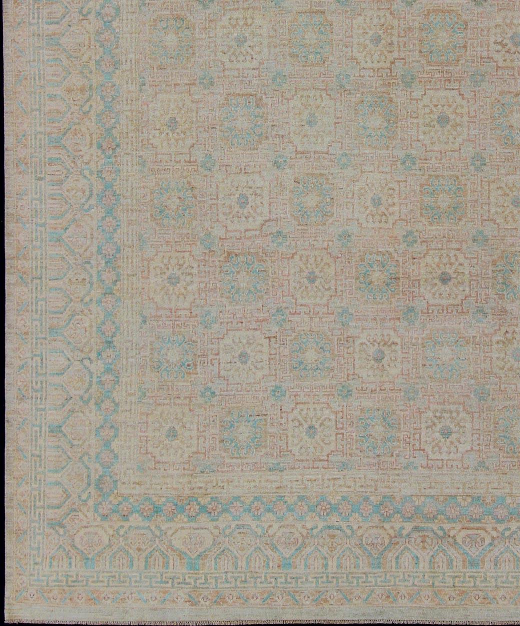 Afghan Khotan Design Rug with Geometric Medallions in Tan and Turquoise For Sale