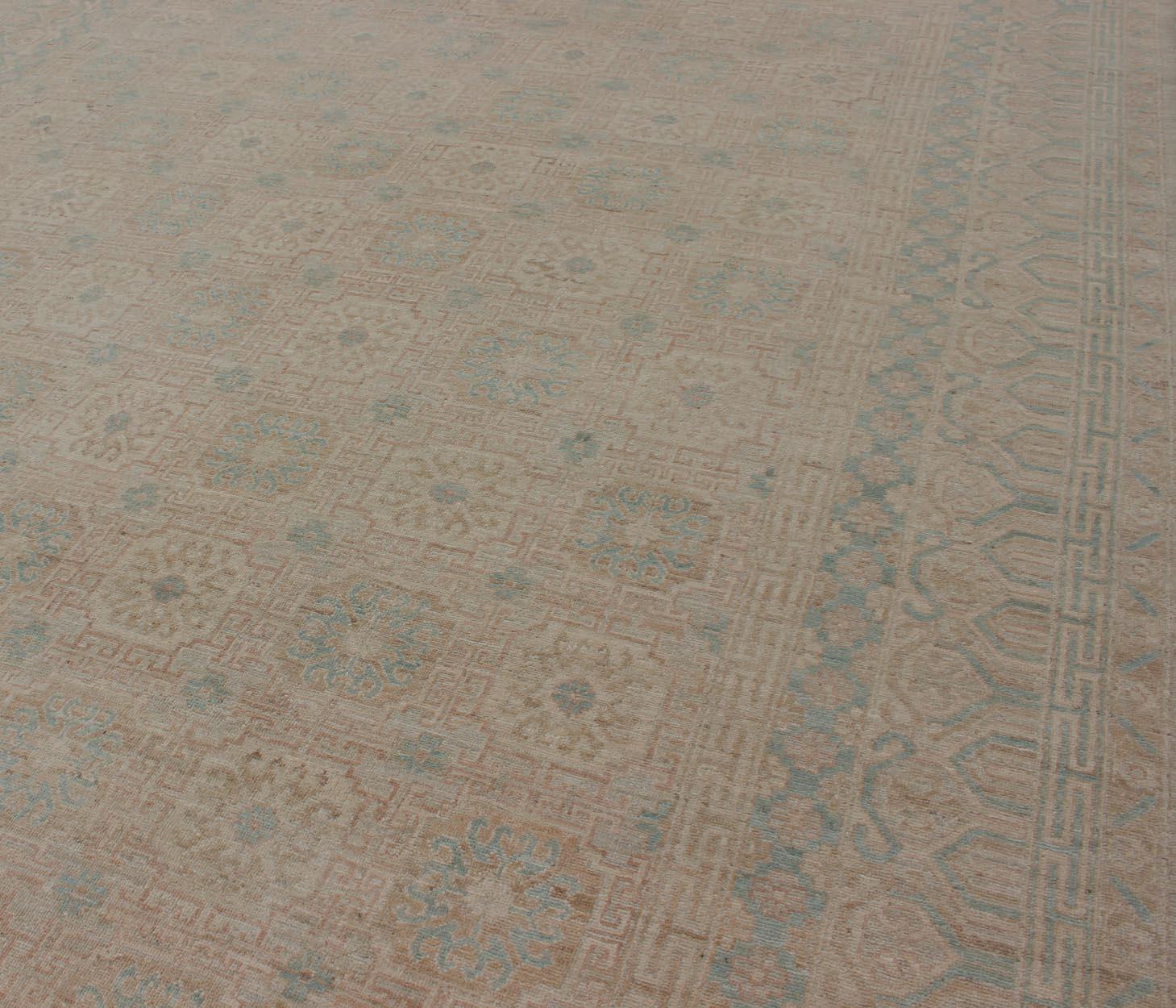 Khotan Design Rug with Geometric Medallions in Tan and Turquoise In New Condition For Sale In Atlanta, GA