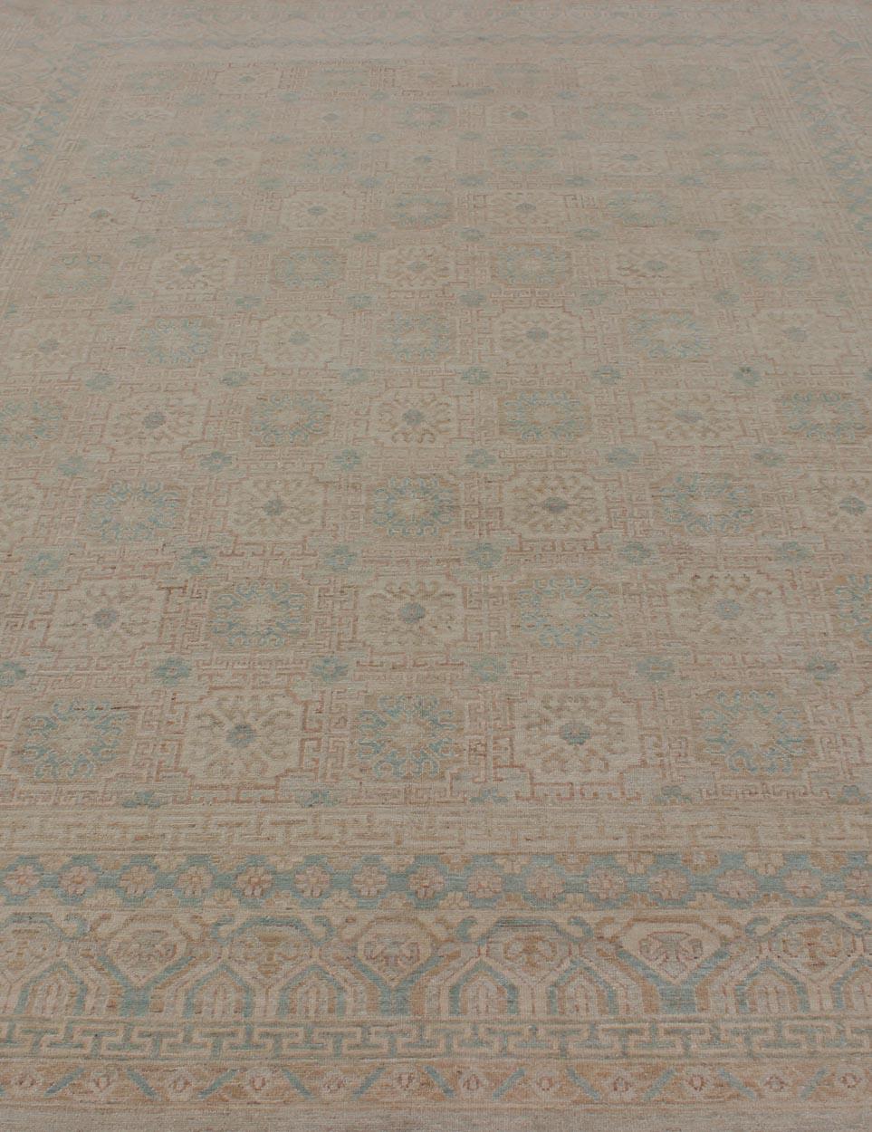 Contemporary Khotan Design Rug with Geometric Medallions in Tan and Turquoise For Sale