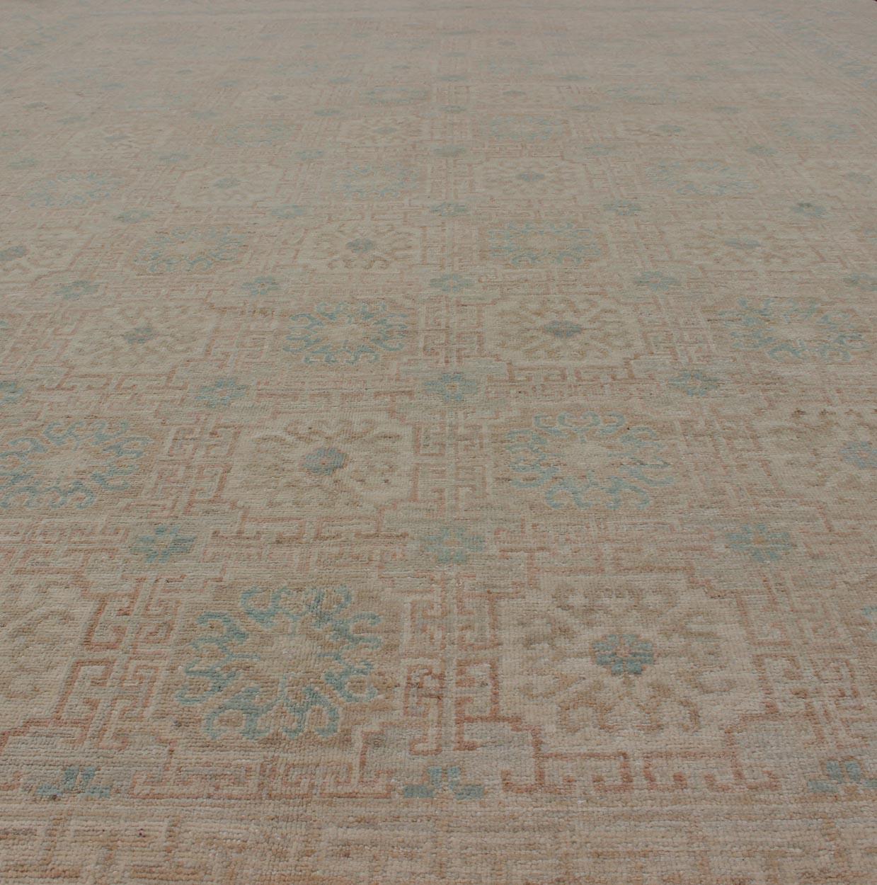 Wool Khotan Design Rug with Geometric Medallions in Tan and Turquoise For Sale