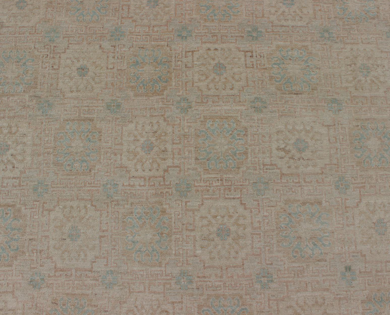 Khotan Design Rug with Geometric Medallions in Tan and Turquoise For Sale 1