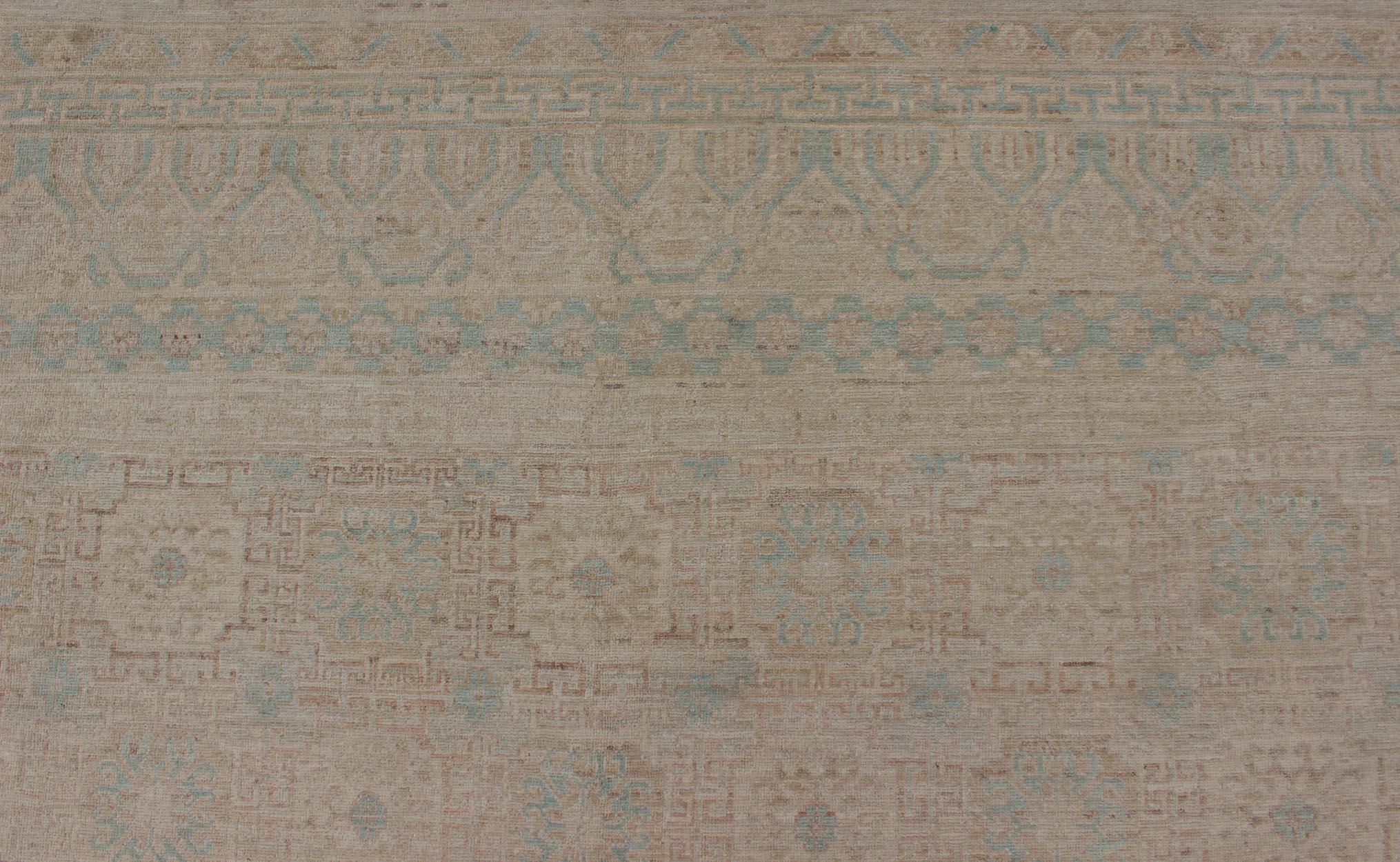 Khotan Design Rug with Geometric Medallions in Tan and Turquoise For Sale 2