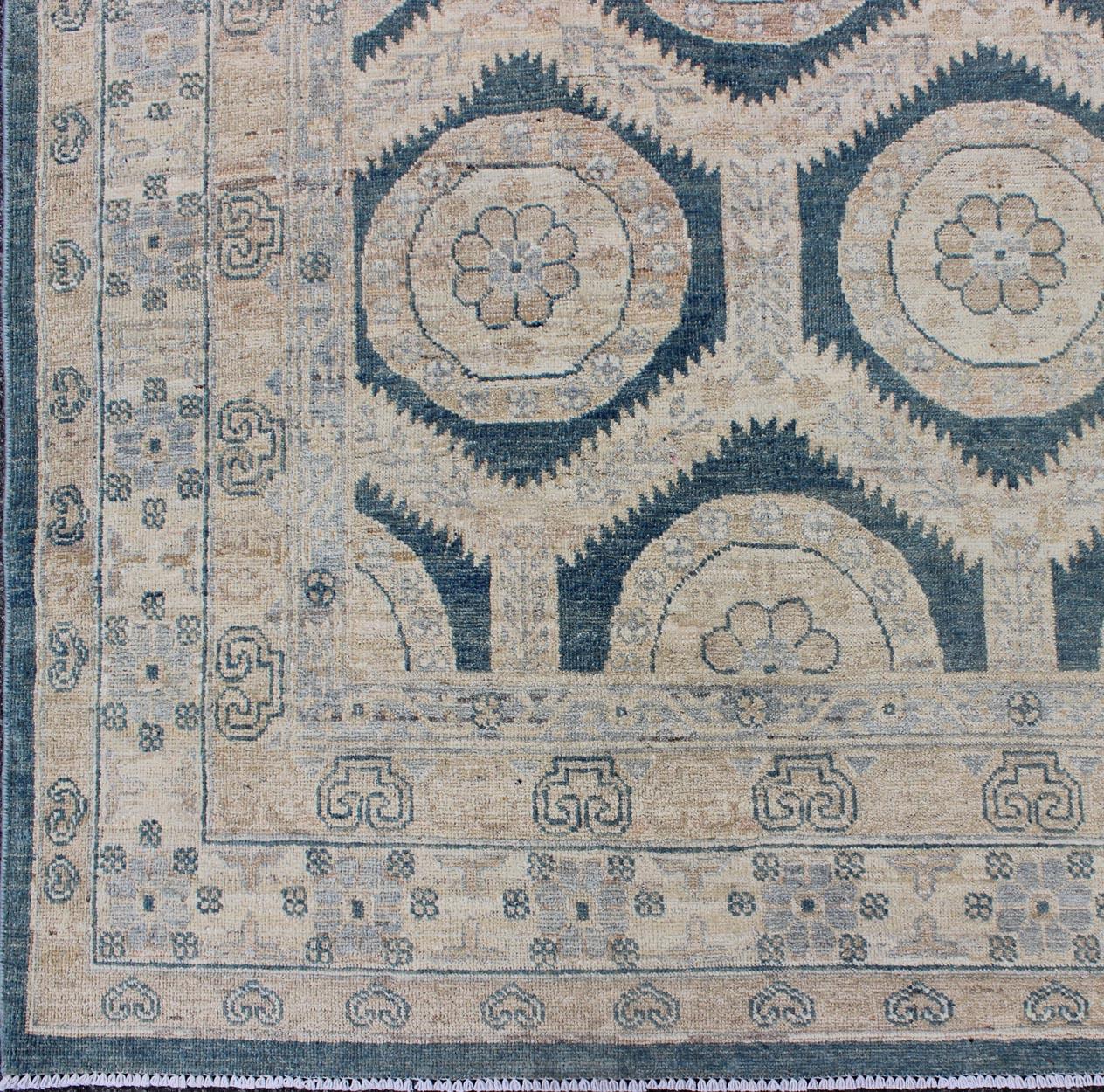 Afghan Khotan Design Rug with Geometric Medallions in Tan, Blue Gray & Teal Blue For Sale