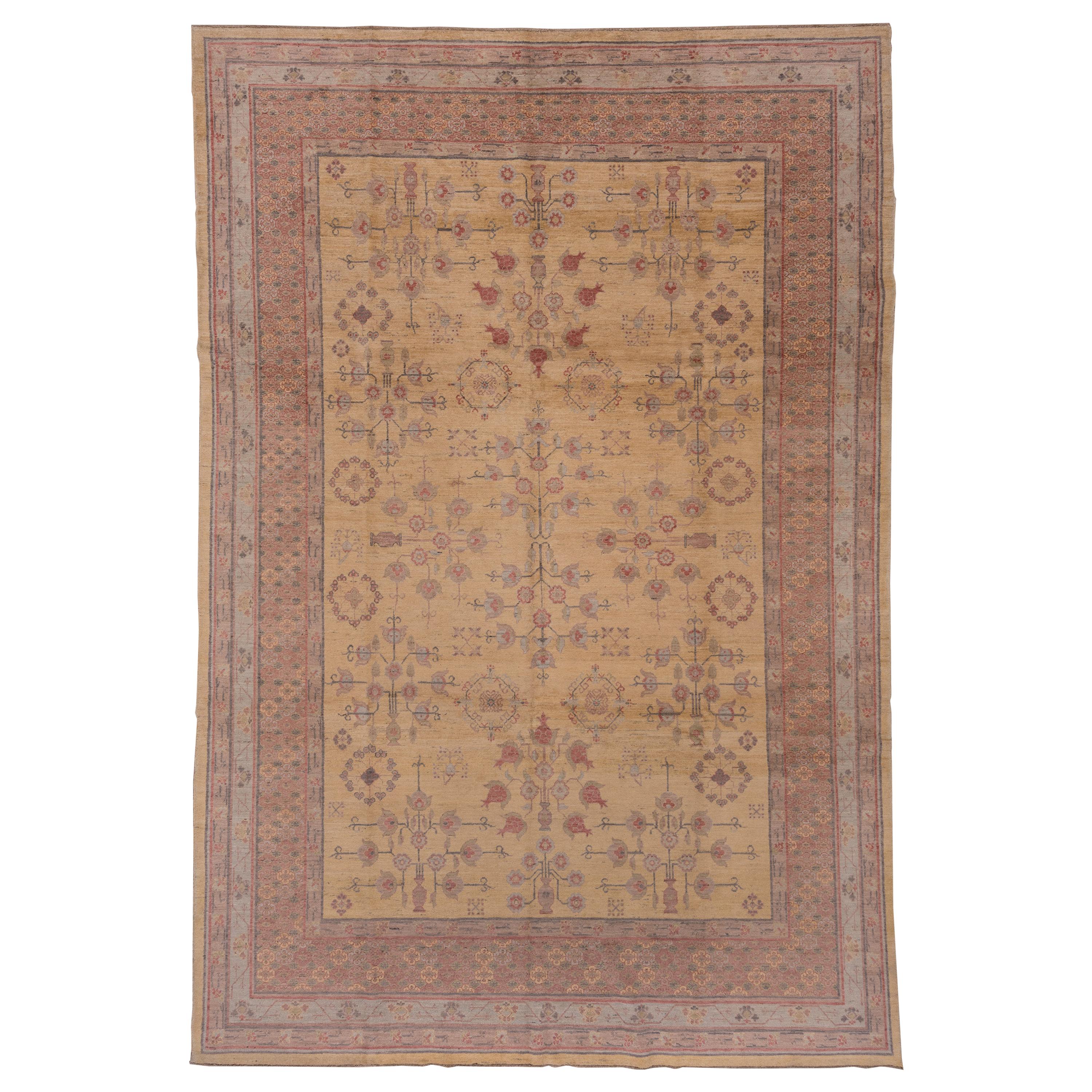 Khotan Design Rug, Yellow Field, Colorful Border, Pink Blue and Purple Accents