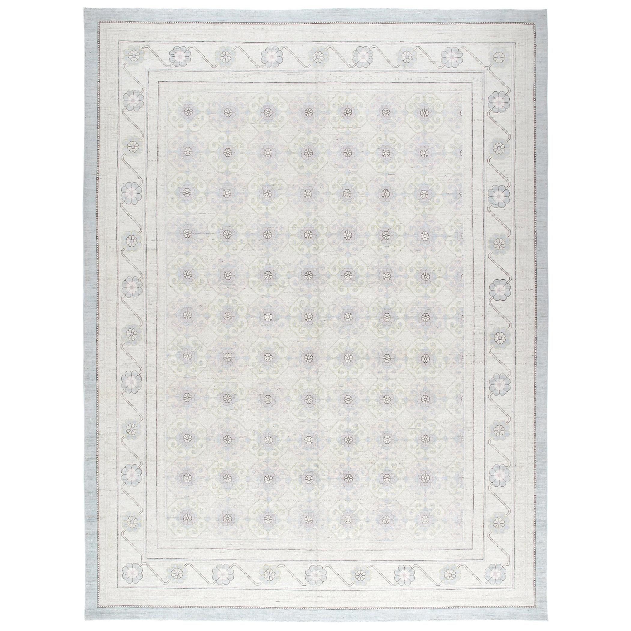 Khotan Hand Knotted Patina Rug in Beige and Blue Colors For Sale