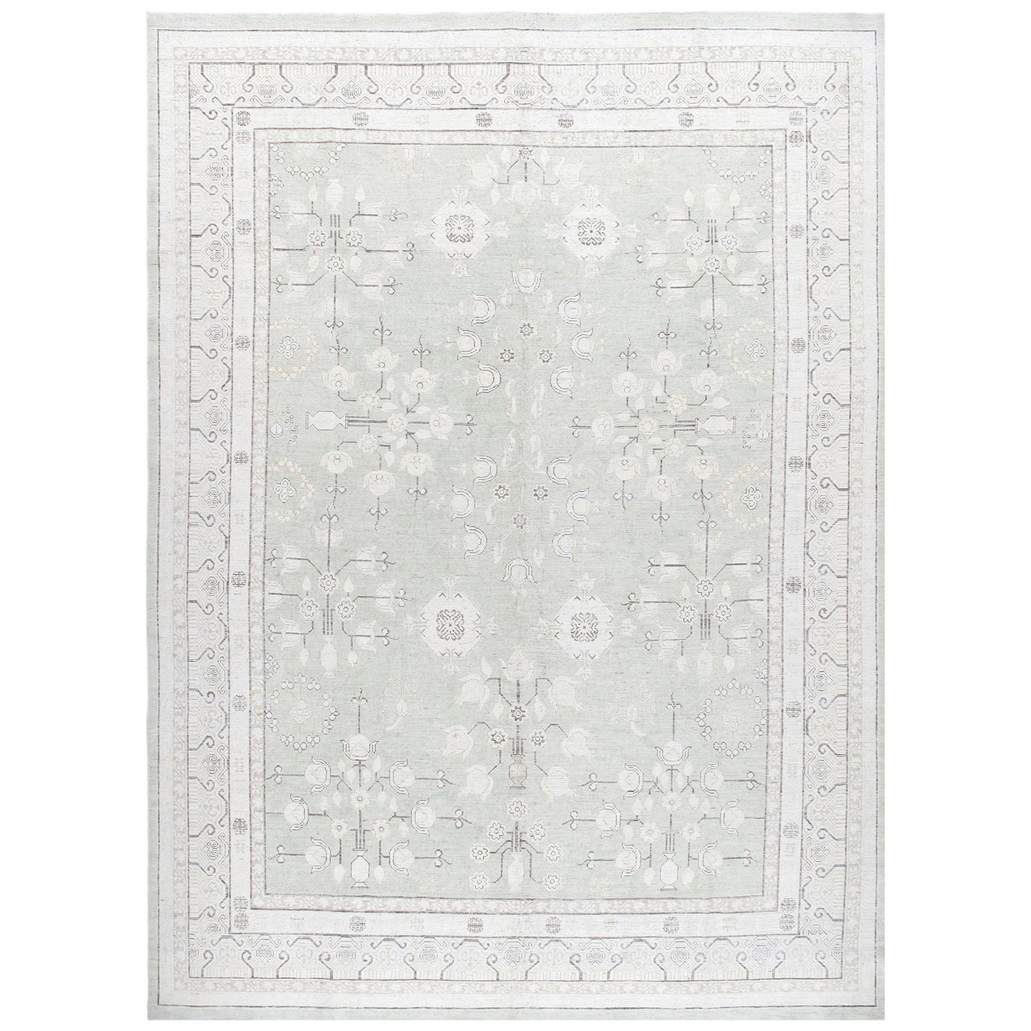 Khotan Hand-Knotted Patina Rug in Pale Green