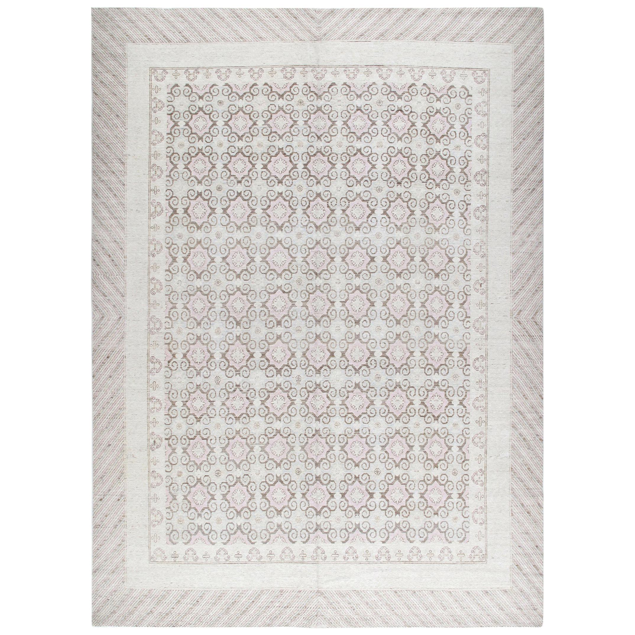 Khotan Hand-Knotted Patina Rug in Pale Pink, Beige, and Blue Accent