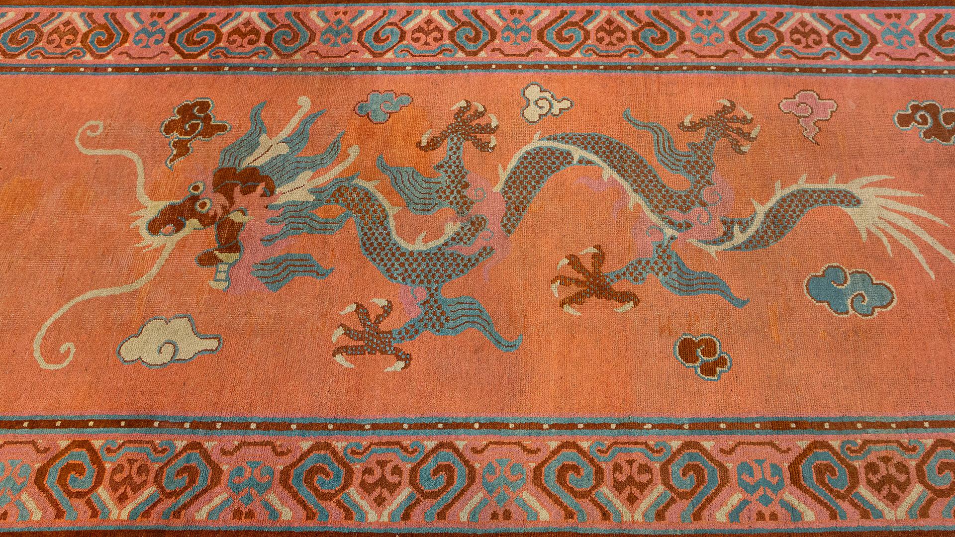 East Turkestani Khotan Rug Dragon Design Salmon Color For Sale
