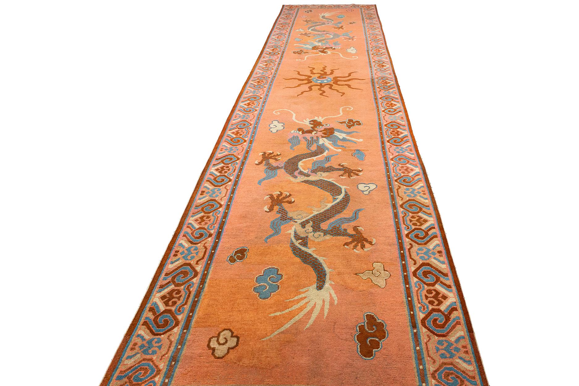 Hand-Knotted Khotan Rug Dragon Design Salmon Color For Sale