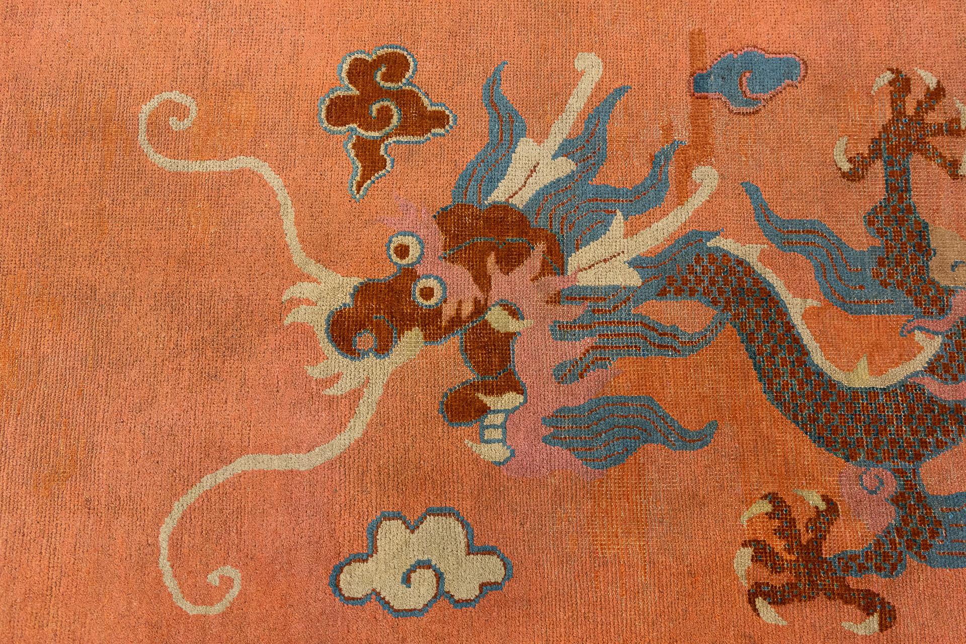 19th Century Khotan Rug Dragon Design Salmon Color For Sale