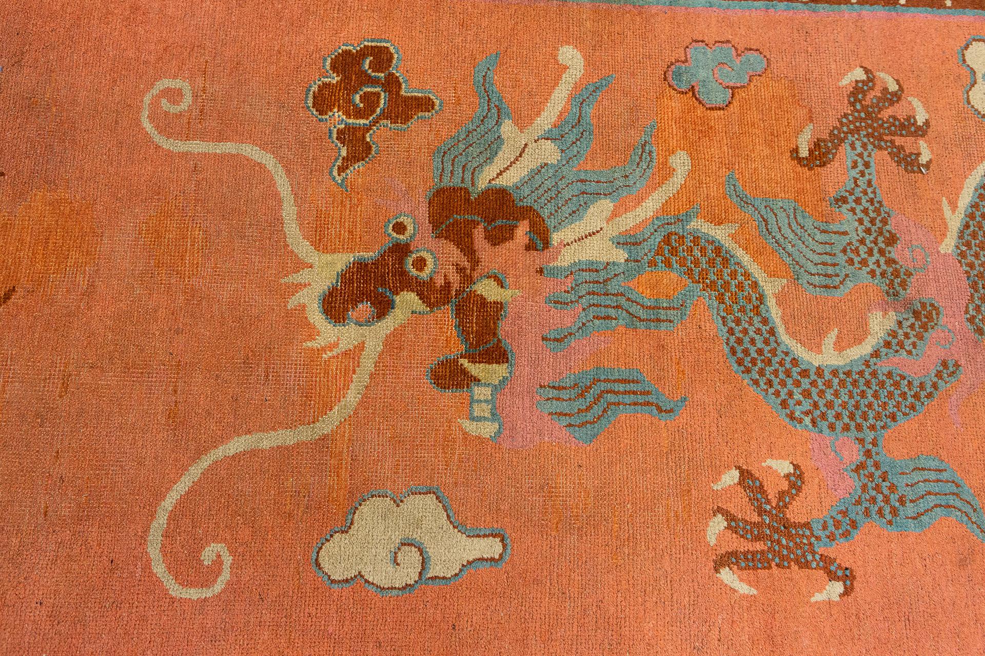 Wool Khotan Rug Dragon Design Salmon Color For Sale