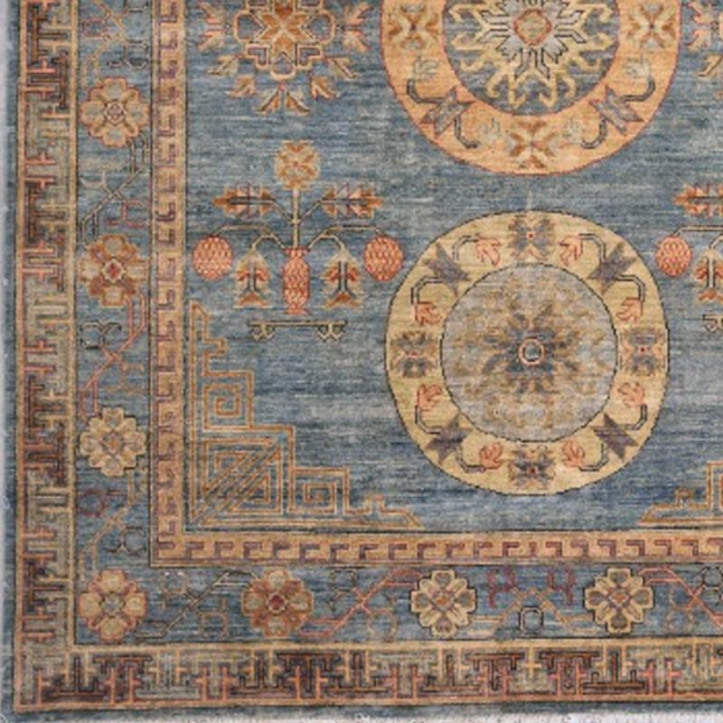 Afghan Khotan Style Rug Hand Knotted Blue Beige Copper Contemporary Wool Area Carpet