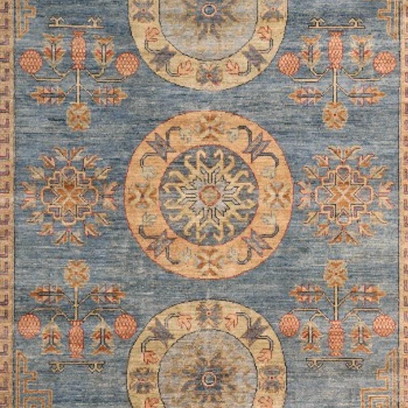 Hand-Knotted Khotan Style Rug Hand Knotted Blue Beige Copper Contemporary Wool Area Carpet