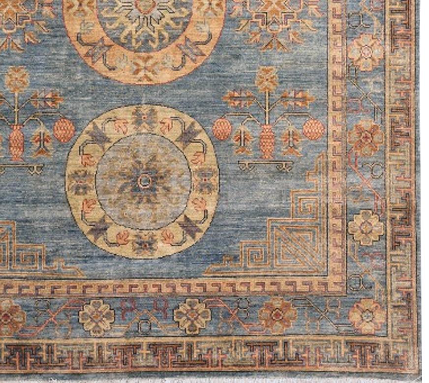 Khotan Style Rug Hand Knotted Blue Beige Copper Contemporary Wool Area Carpet In Excellent Condition In Lohr, Bavaria, DE