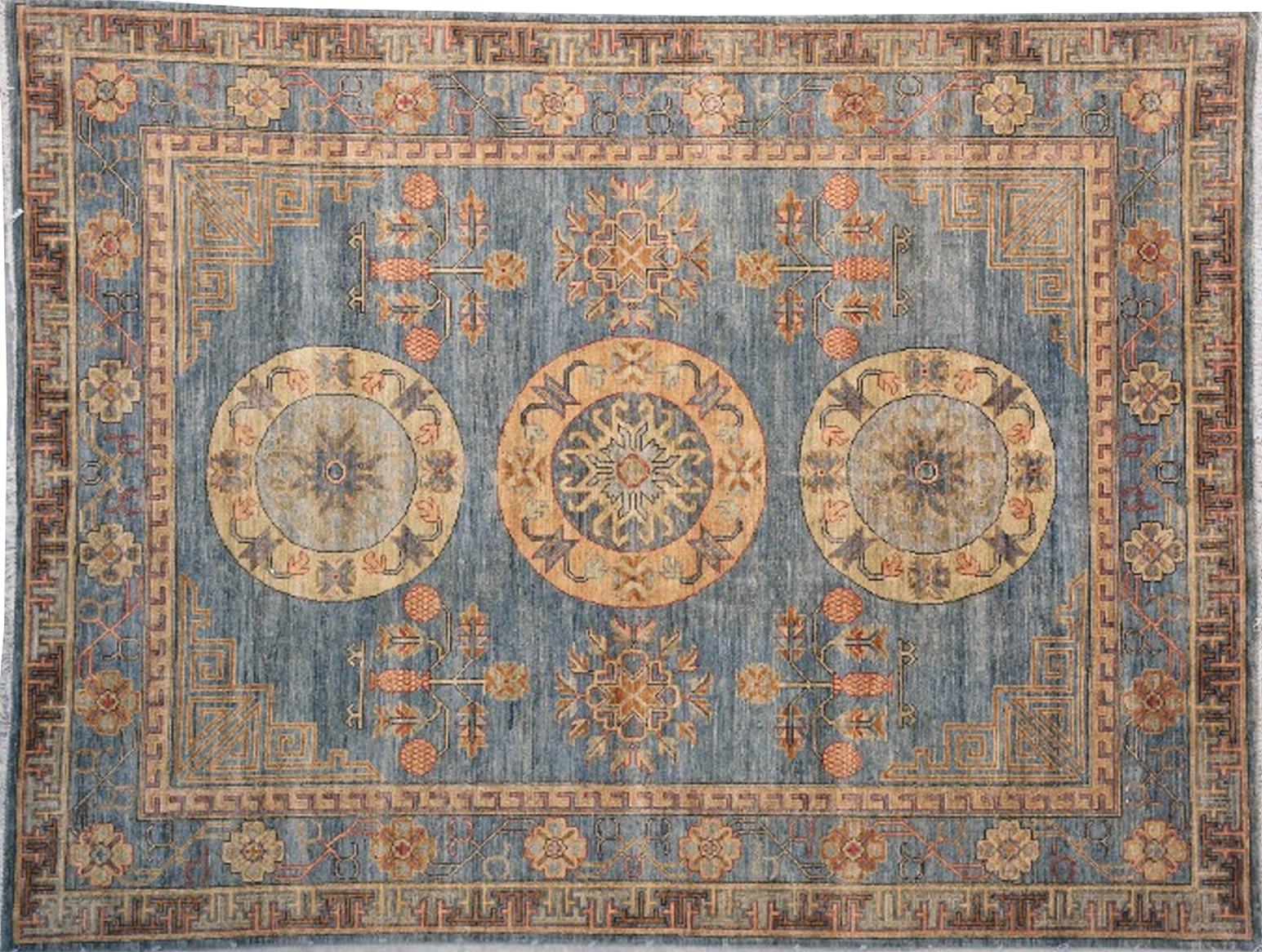 Khotan Style Rug Hand Knotted Blue Beige Copper Contemporary Wool Area Carpet 1