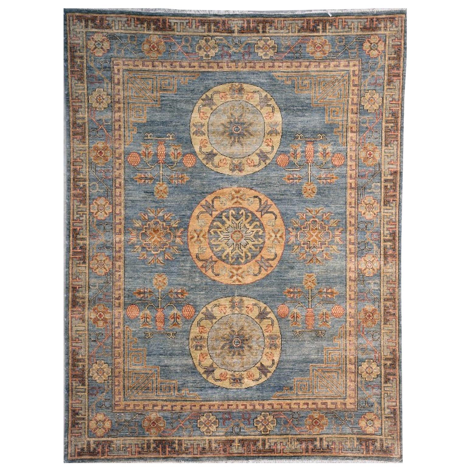 Khotan Style Rug Hand Knotted Blue Beige Copper Contemporary Wool Area Carpet