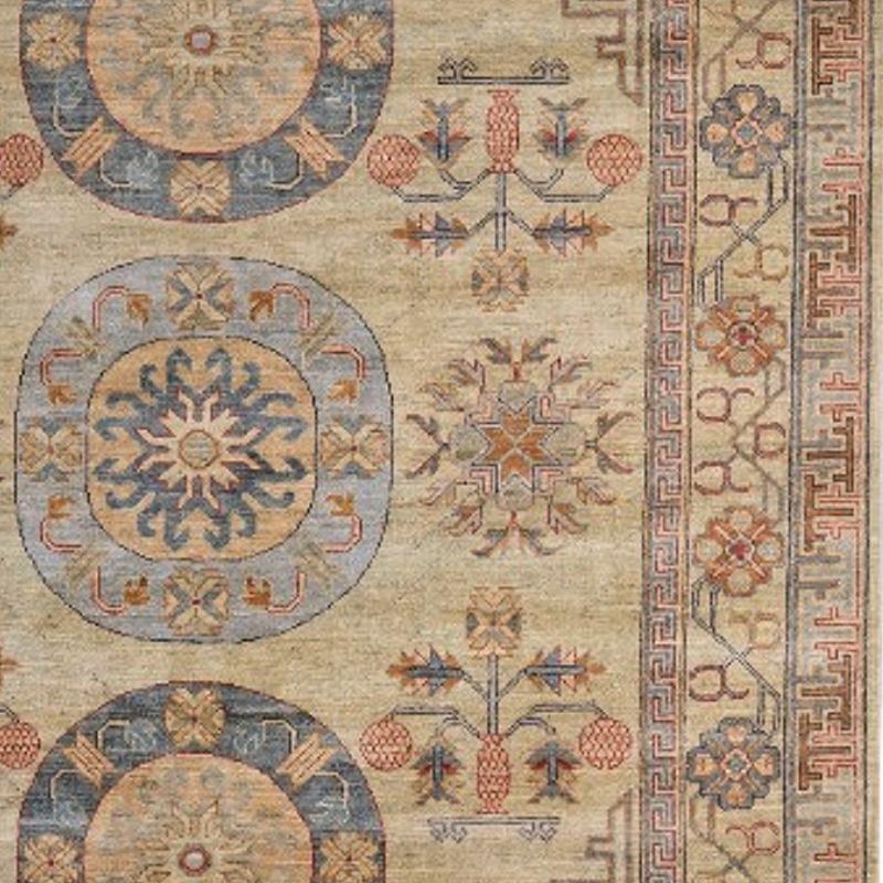 Hand-Knotted 7 x 9 ft Samarkand Khotan Rug Hand Knotted Contemporary beige brown blue