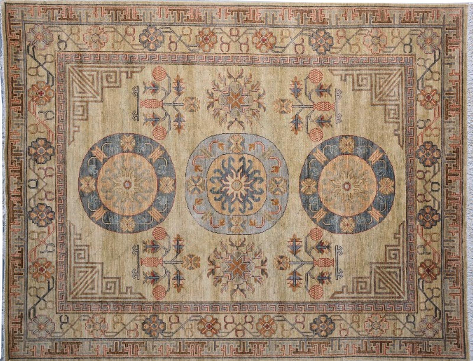 Wool 7 x 9 ft Samarkand Khotan Rug Hand Knotted Contemporary beige brown blue