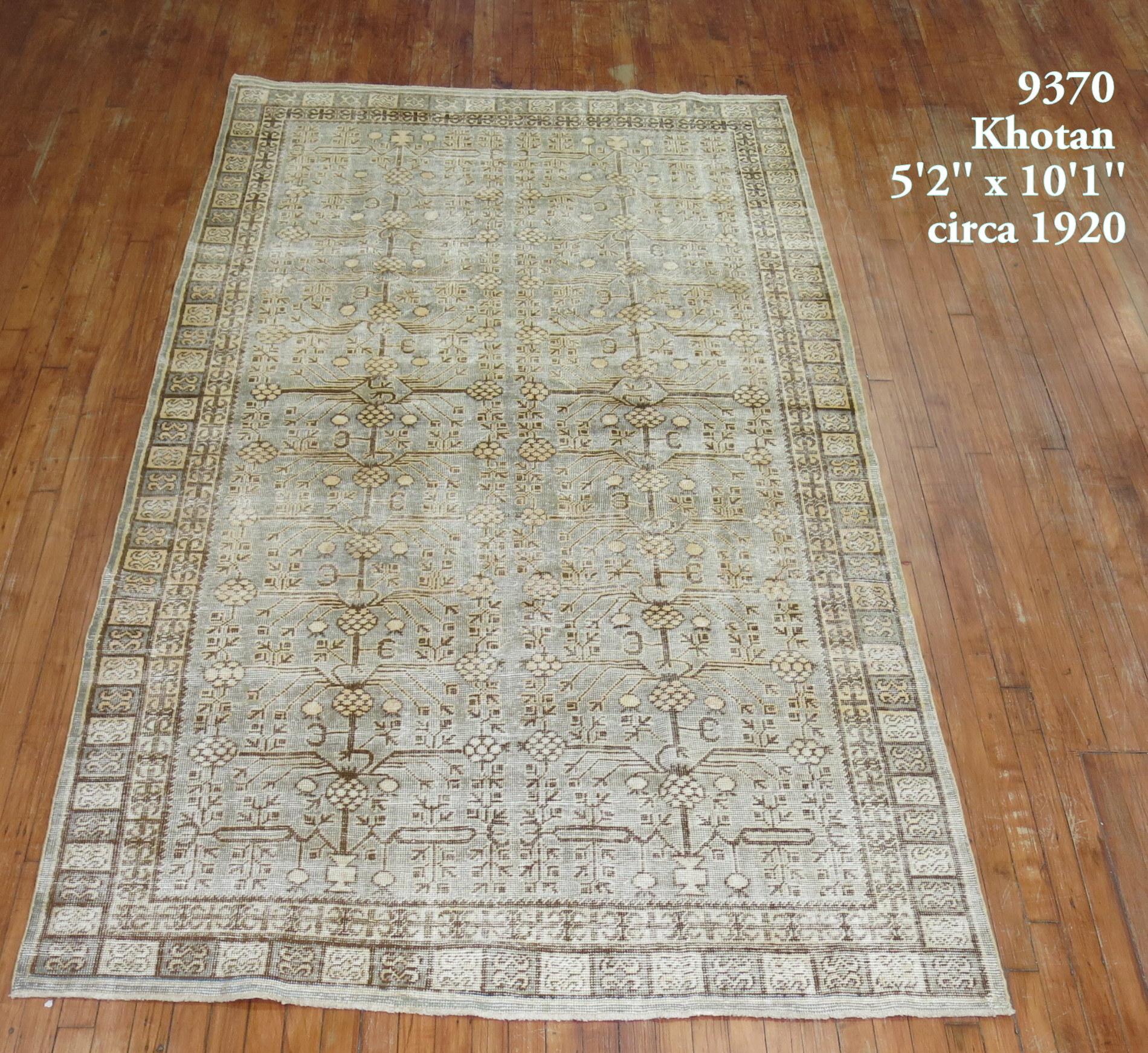Chinoiserie Khotan Rug in Celadon Green and Brown