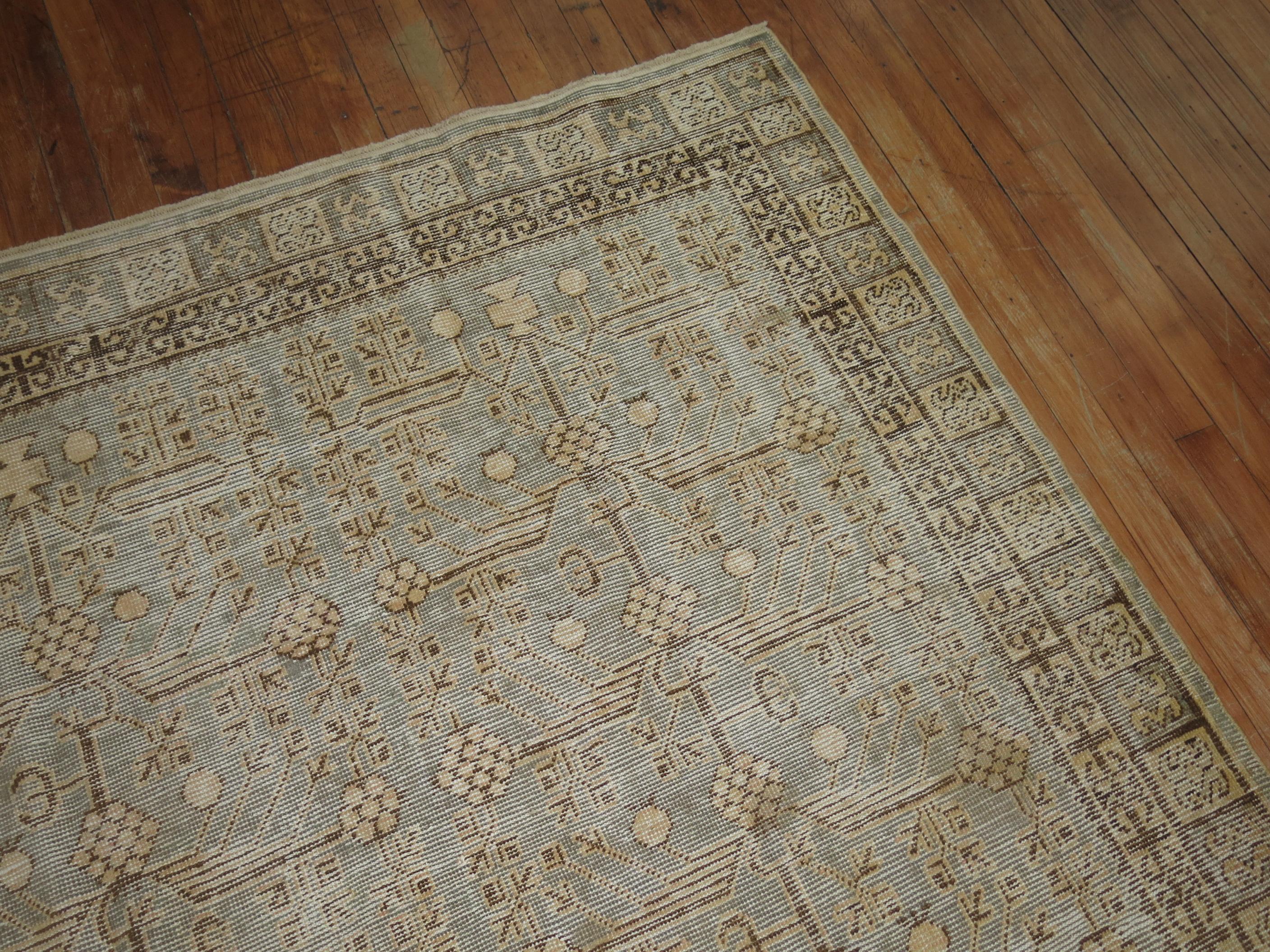 Hand-Woven Khotan Rug in Celadon Green and Brown