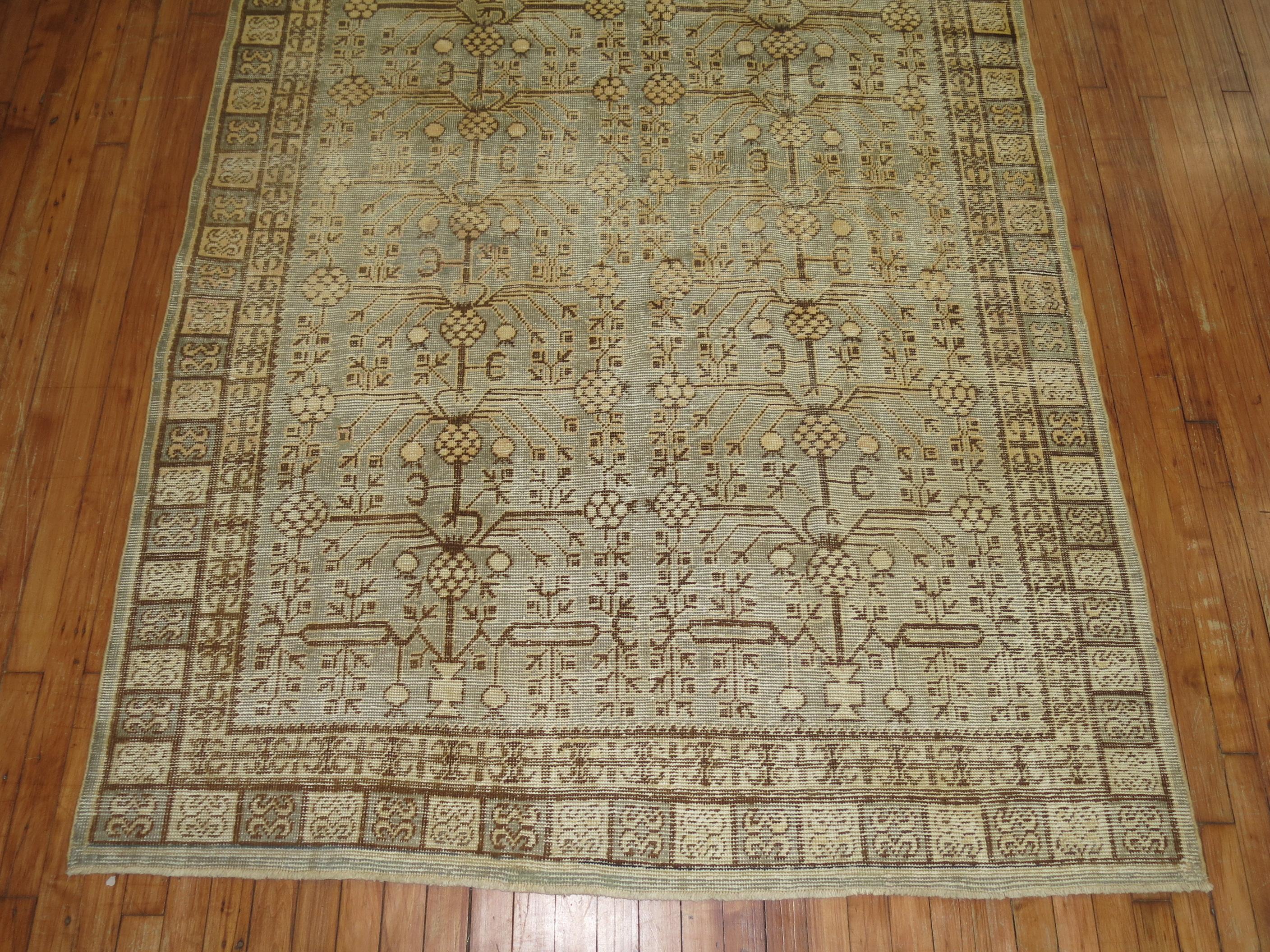 Khotan Rug in Celadon Green and Brown In Fair Condition In New York, NY