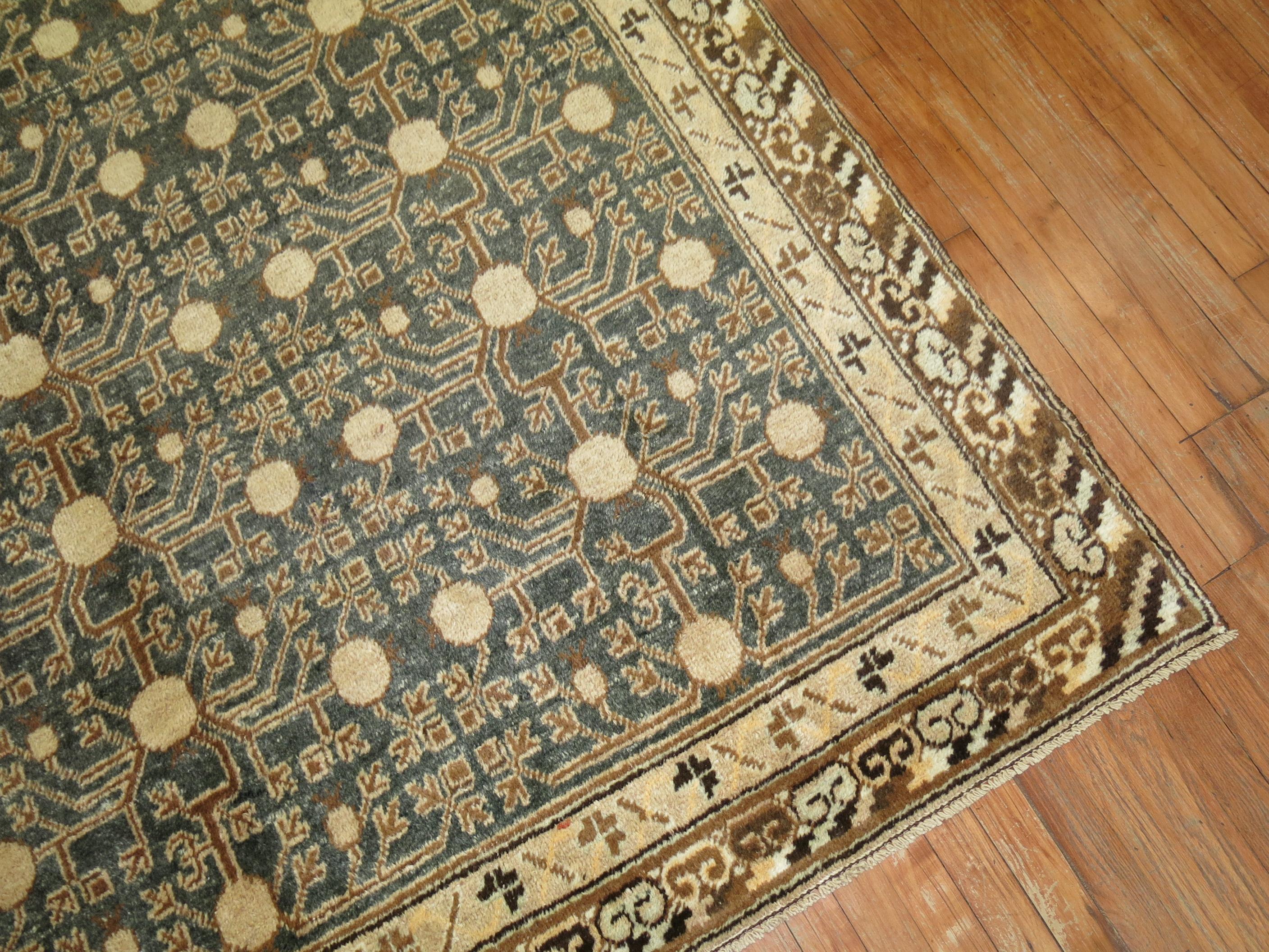 Hand-Woven Khotan Rug in Olive Green and Brown