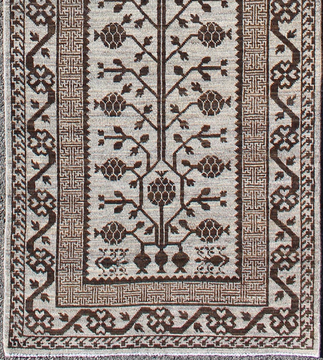 Afghan Khotan Runner with All-Over Geometric-Pomegranate Pattern in Grey and Brown For Sale