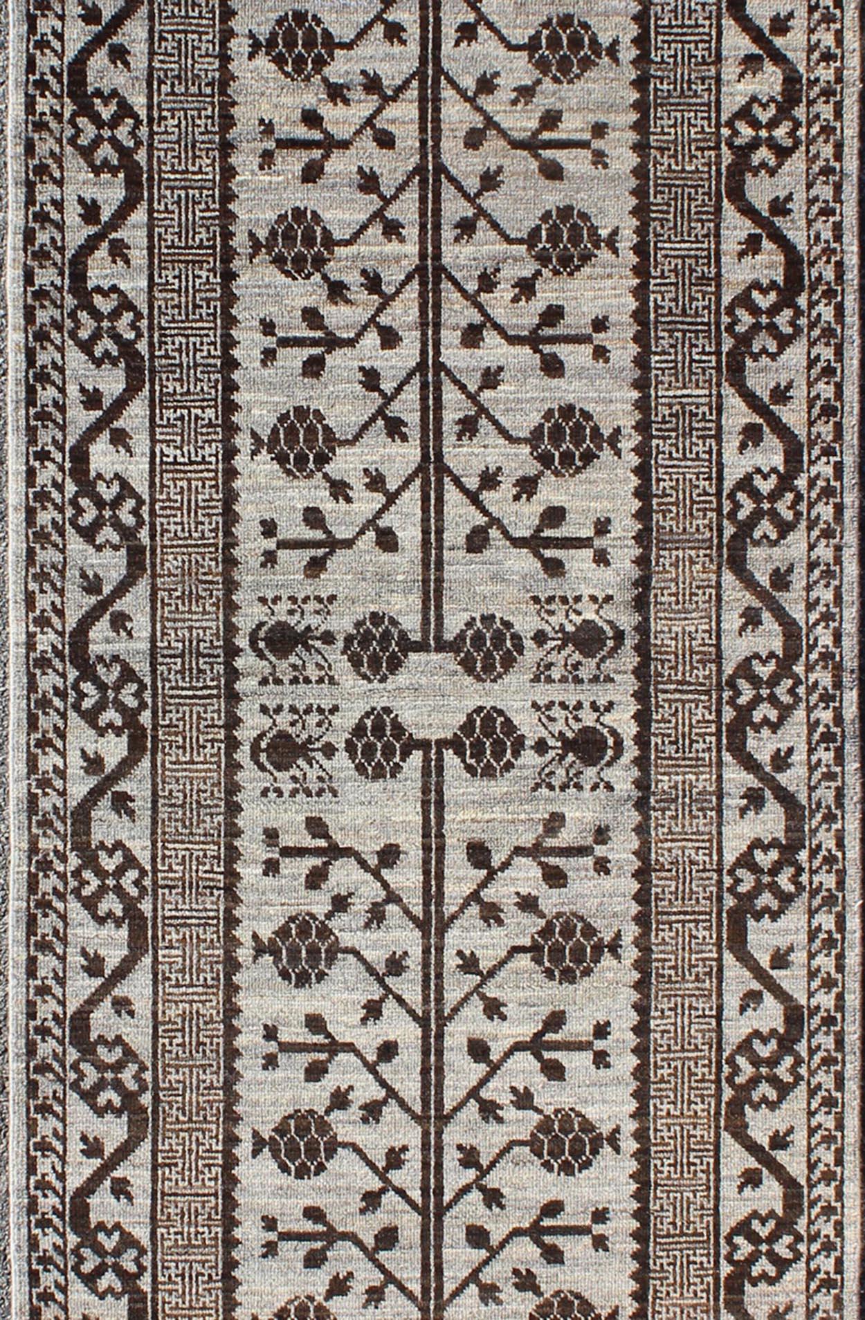 Hand-Knotted Khotan Runner with All-Over Geometric-Pomegranate Pattern in Grey and Brown For Sale