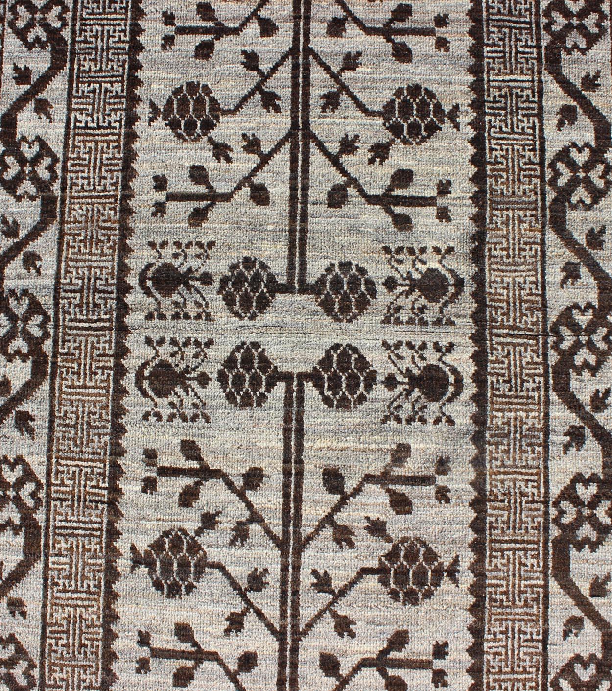 Khotan Runner with All-Over Geometric-Pomegranate Pattern in Grey and Brown In Excellent Condition For Sale In Atlanta, GA