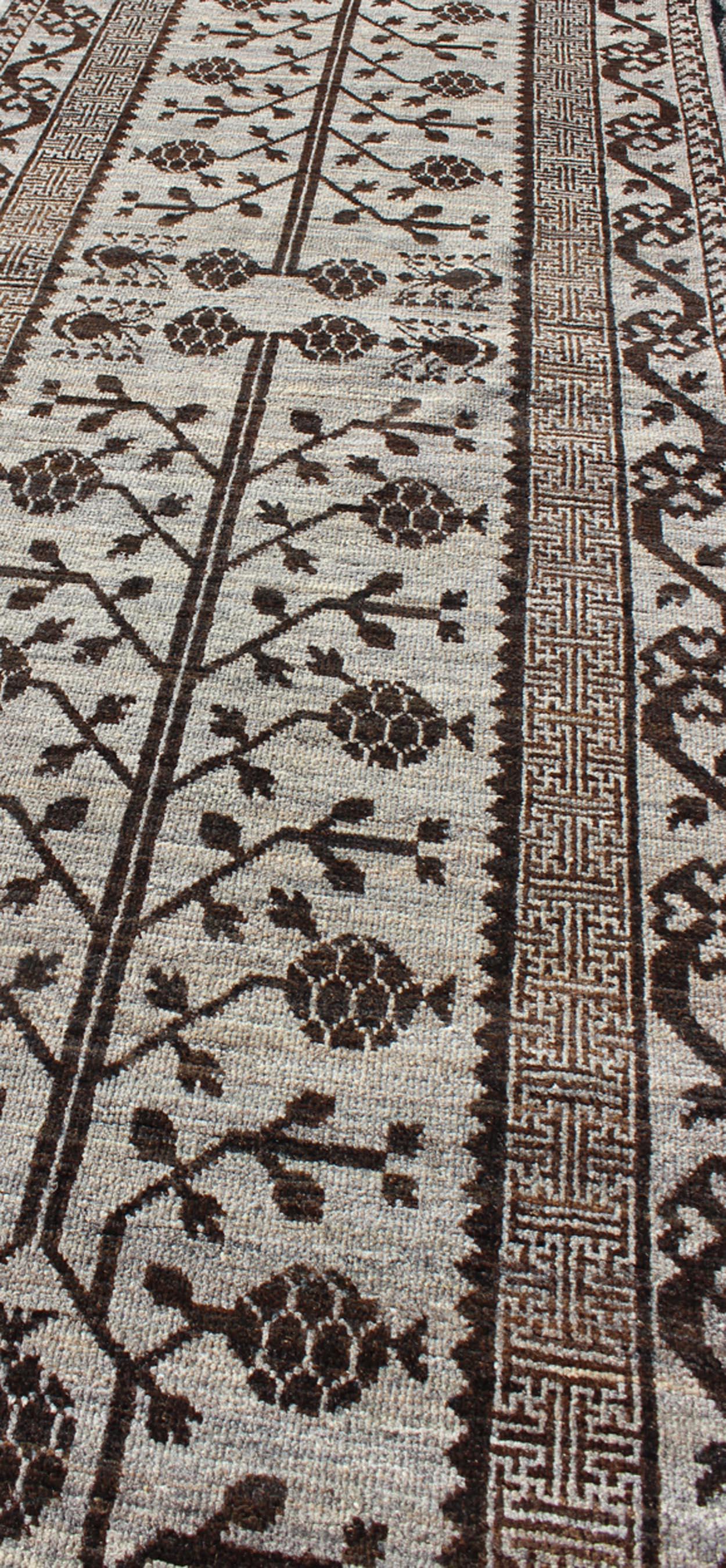Contemporary Khotan Runner with All-Over Geometric-Pomegranate Pattern in Grey and Brown For Sale