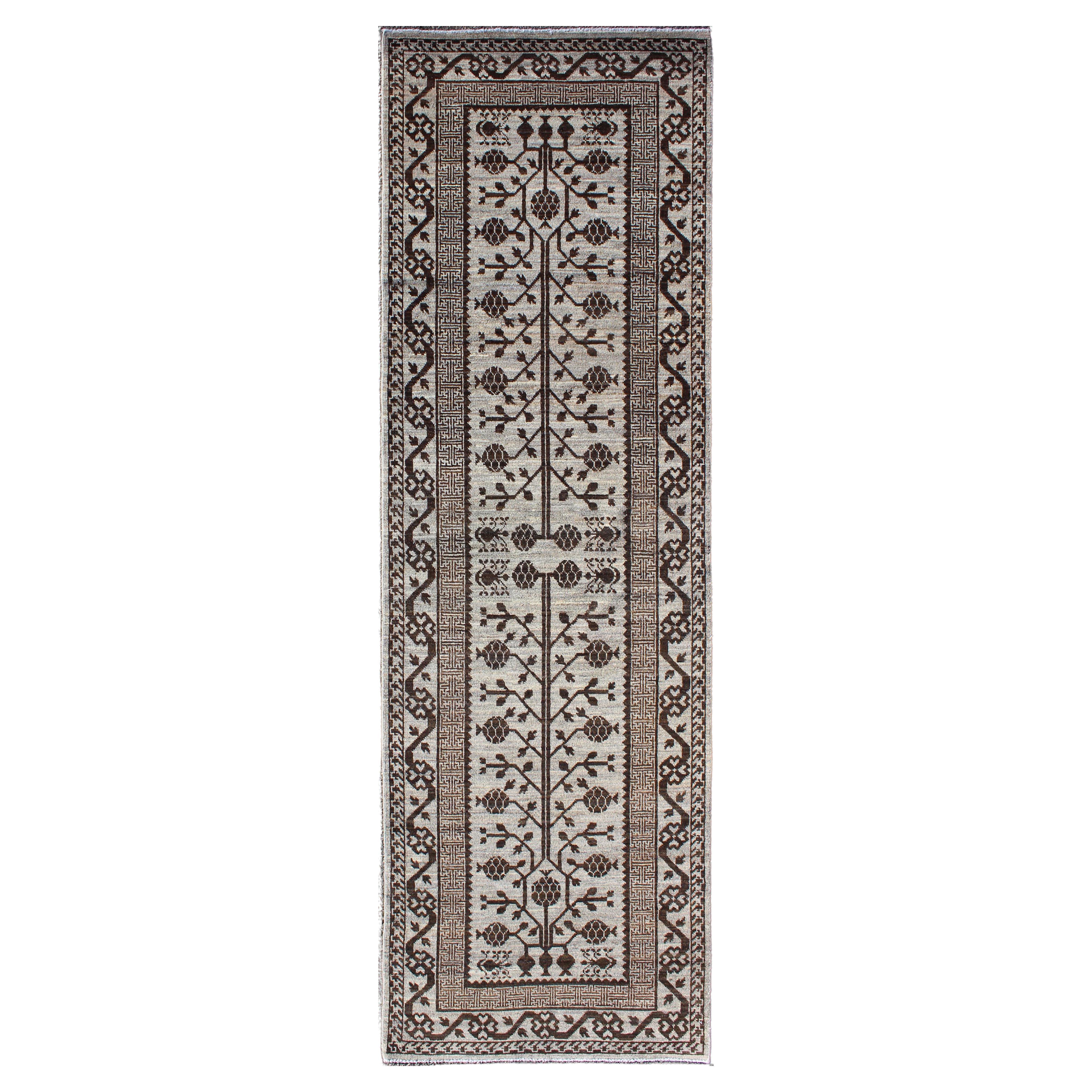 Khotan Runner with All-Over Geometric-Pomegranate Pattern in Grey and Brown For Sale