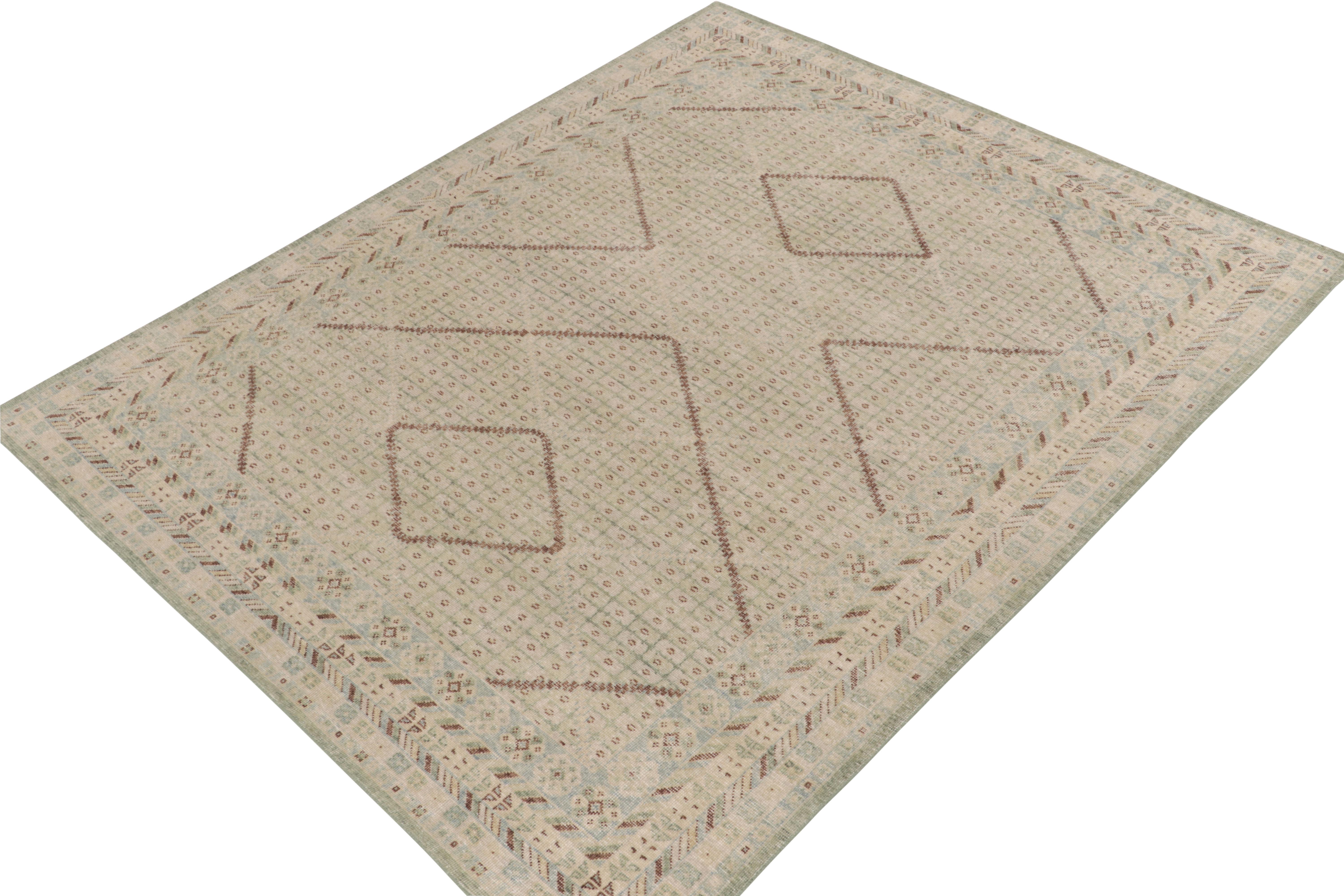 La pièce s'inspire des modèles de tapis antiques de Khotan parmi les modèles les plus uniques et les plus indulgents sélectionnés par notre directeur dans son expérience des classiques. Avec un jeu de géométrie scintillant, le bas velours de laine