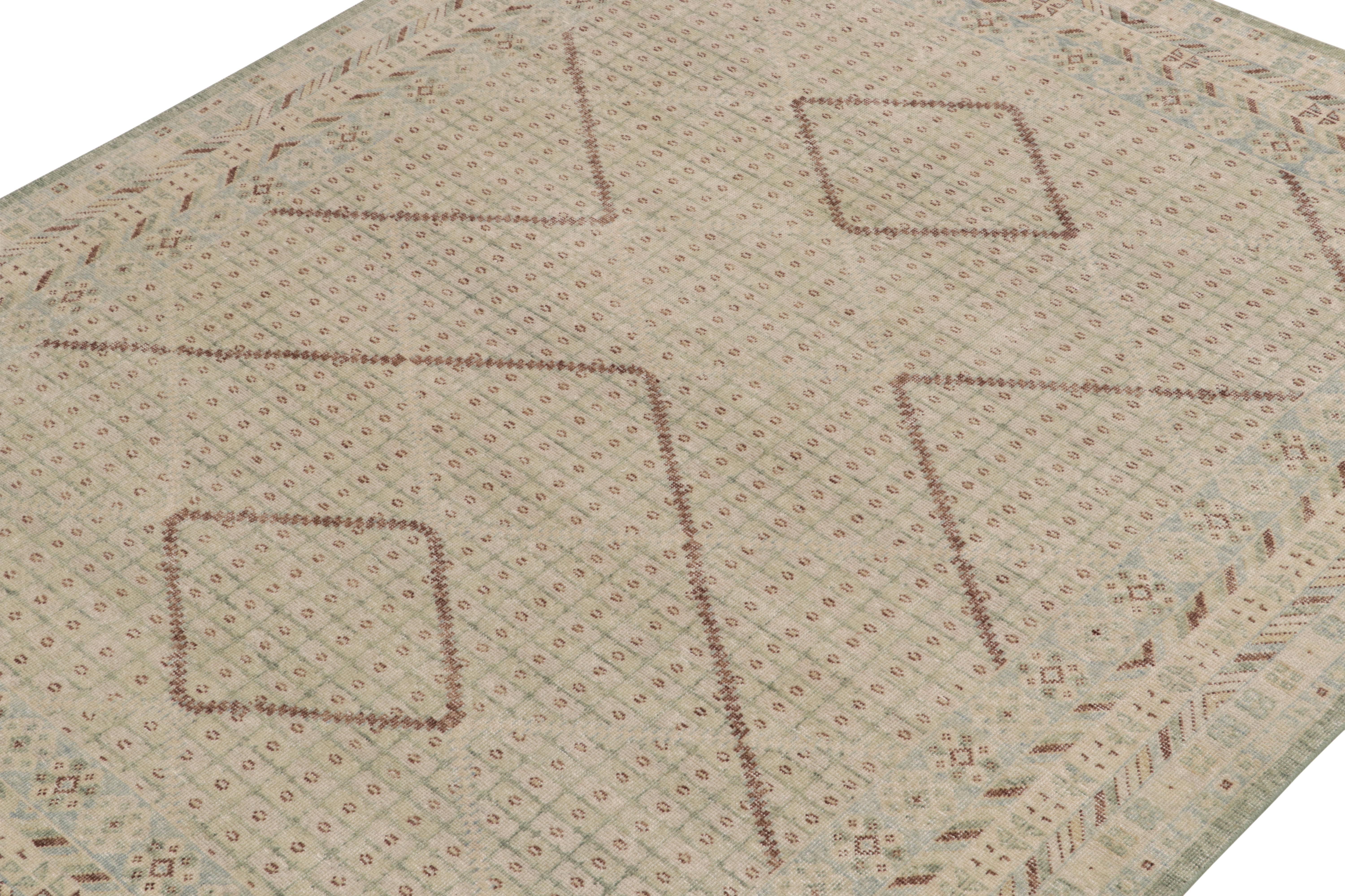 Noué à la main Tapis et tapis Khotan de style vieilli de Kilim en vert beige, motif géométrique bleu en vente