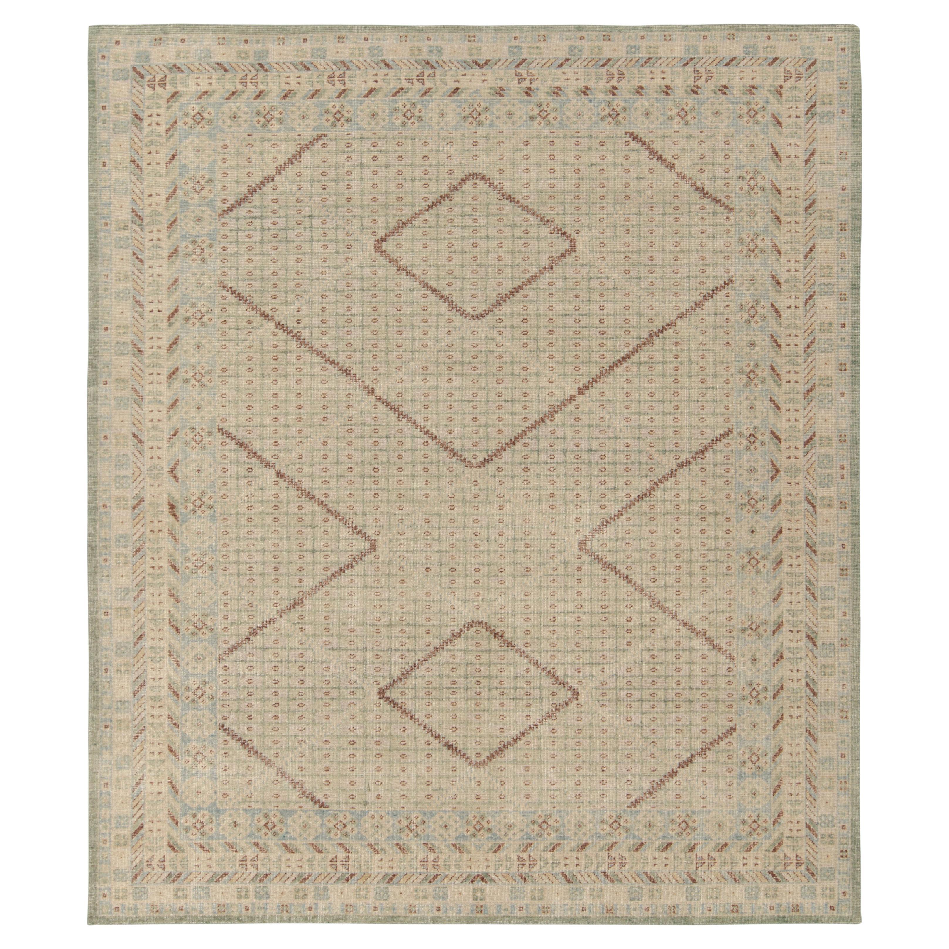 Rug & Kilim's Khotan Style Distressed Rug in Beige Green, Blue Geometric Pattern