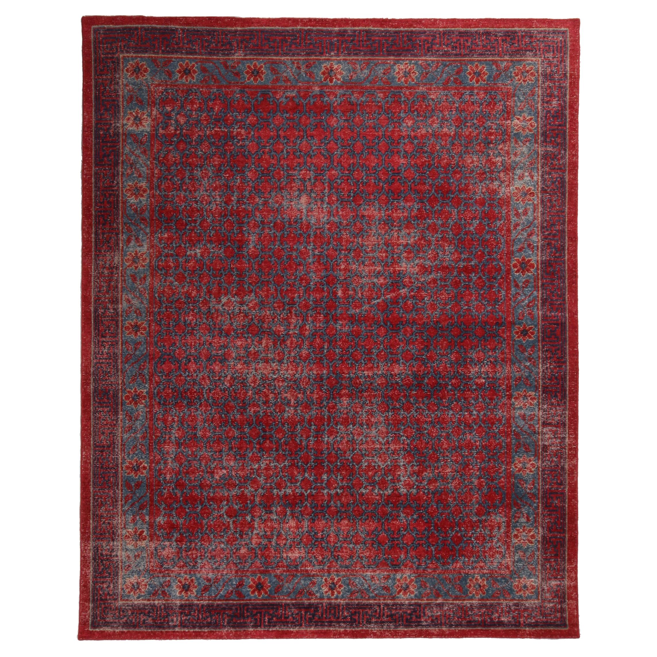 Rug & Kilim's Khotan Velvet Red and Blue Wool Rug from the Homage Collection For Sale