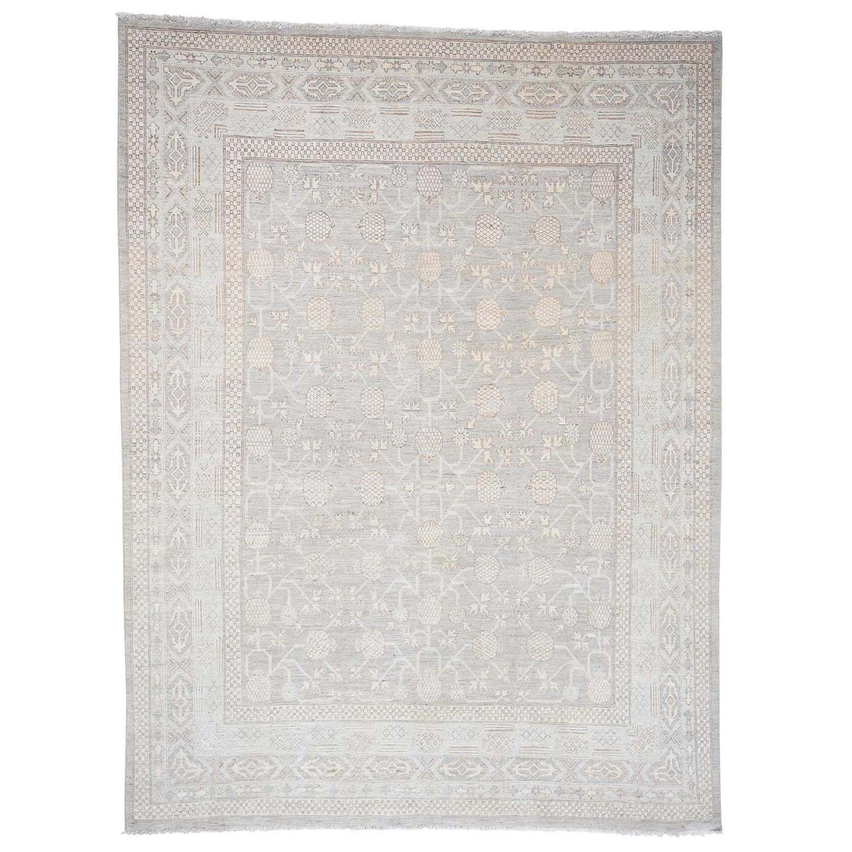 Khotan with Pomegranate Design Silver Wash Hand Knotted Oriental Rug