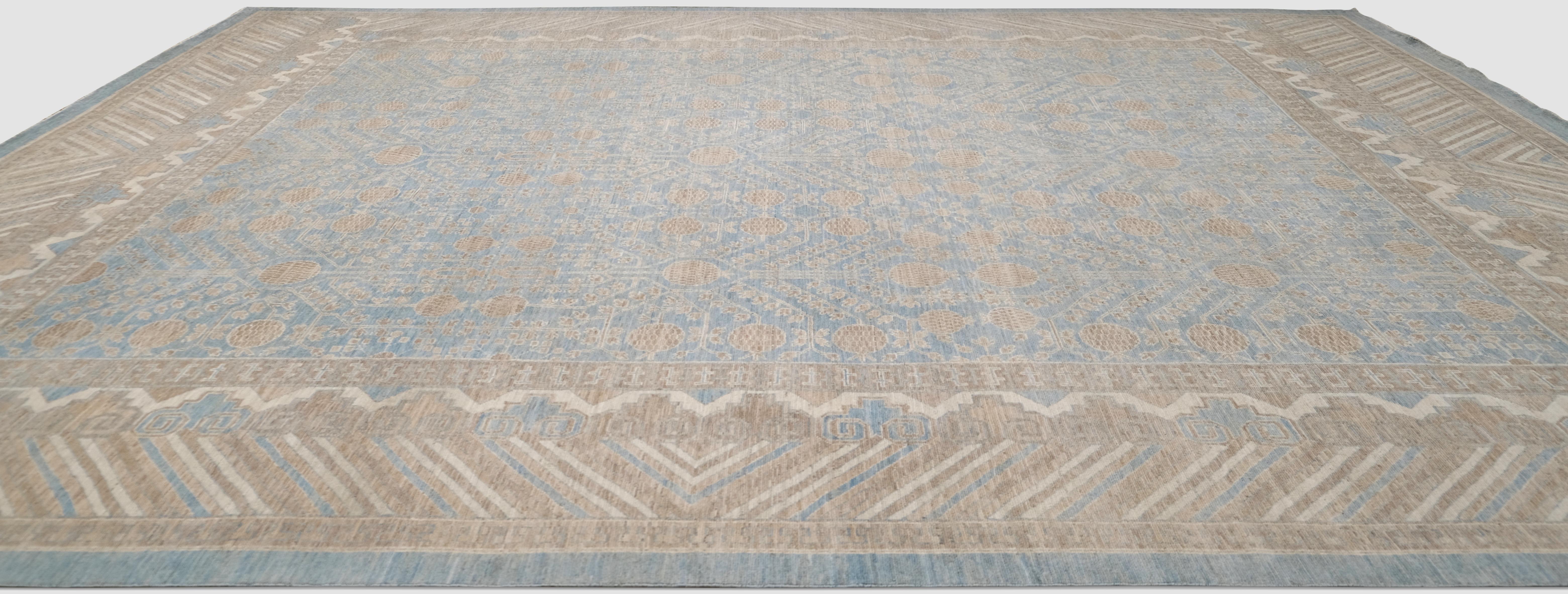 Pakistani Khoton Blue and Beige Wool Rug 11'11''x15' For Sale