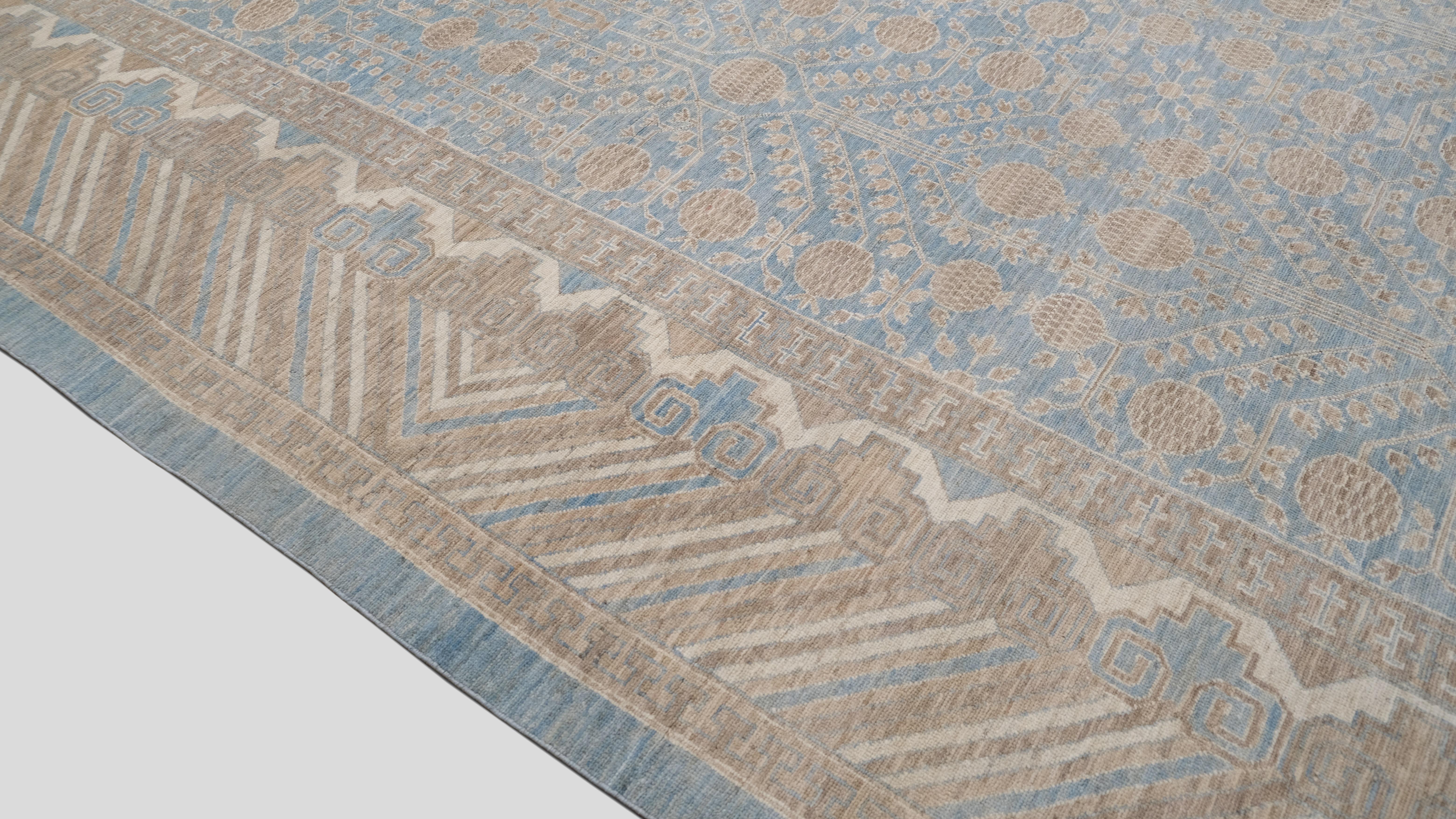 Hand-Knotted Khoton Blue and Beige Wool Rug 11'11''x15' For Sale